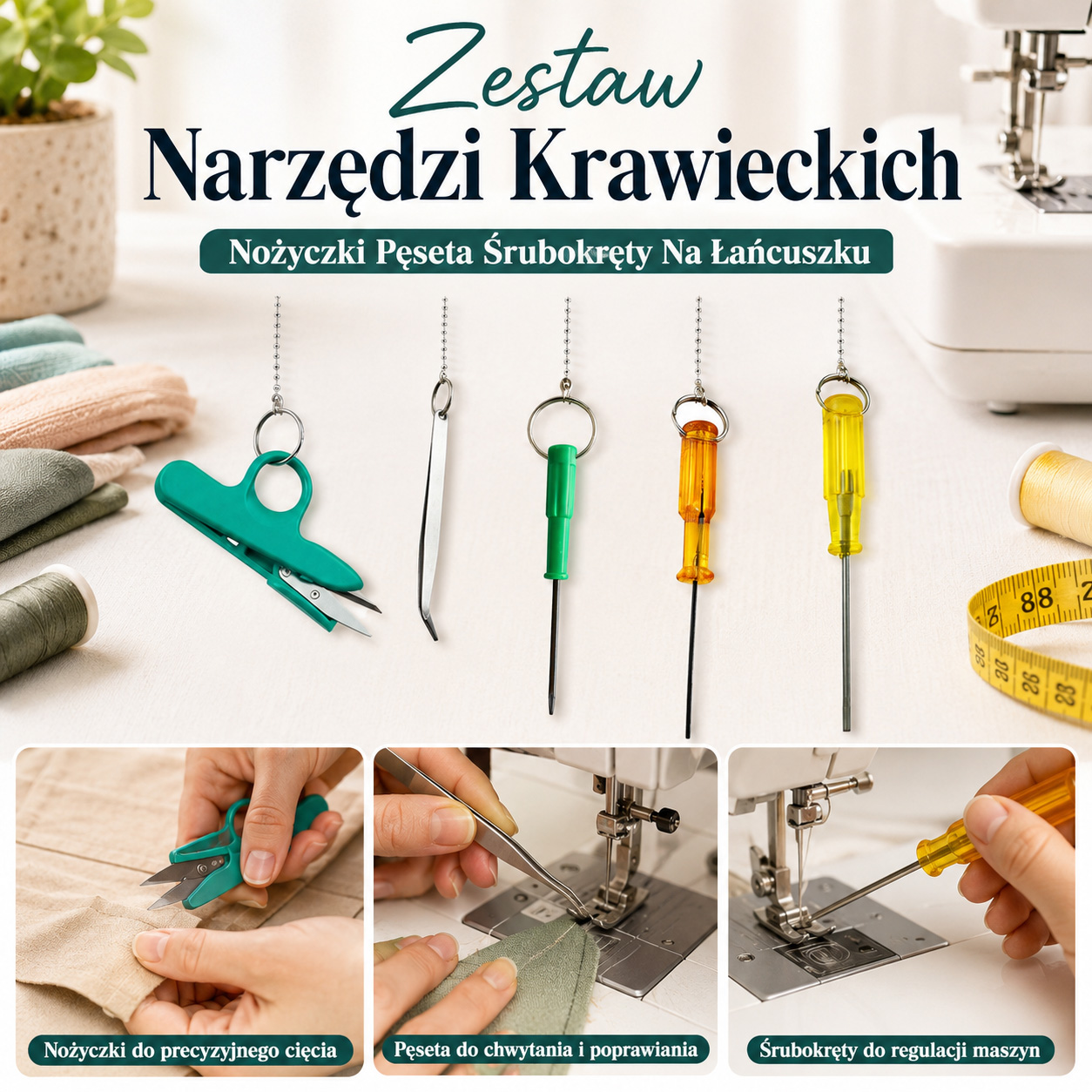 Zestaw Narzędzi Krawieckich Nożyczki Pęseta Śrubokręty Na Łańcuszku