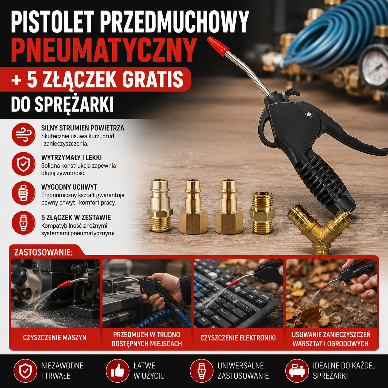 Pistolet Przedmuchowy Pneumatyczny + 5 Złączek GRATIS Do Sprężarki