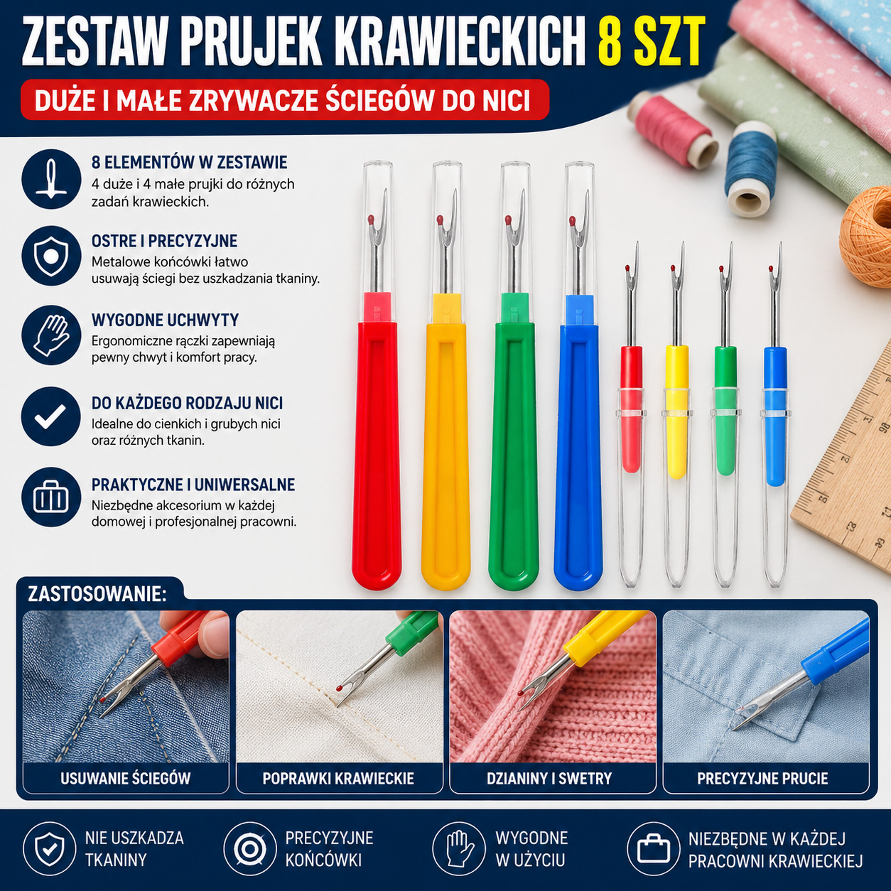 Zestaw Prujek Krawieckich 8 szt Duże i Małe Zrywacze Ściegów Do Nici