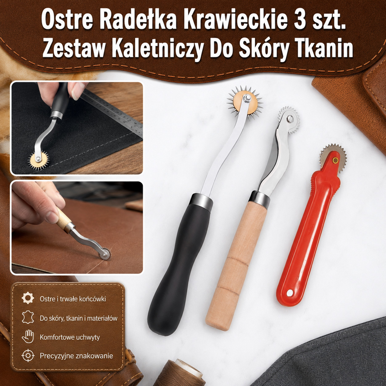 Ostre Radełka Krawieckie 3 szt. Zestaw Kaletniczy Do Skóry Tkanin