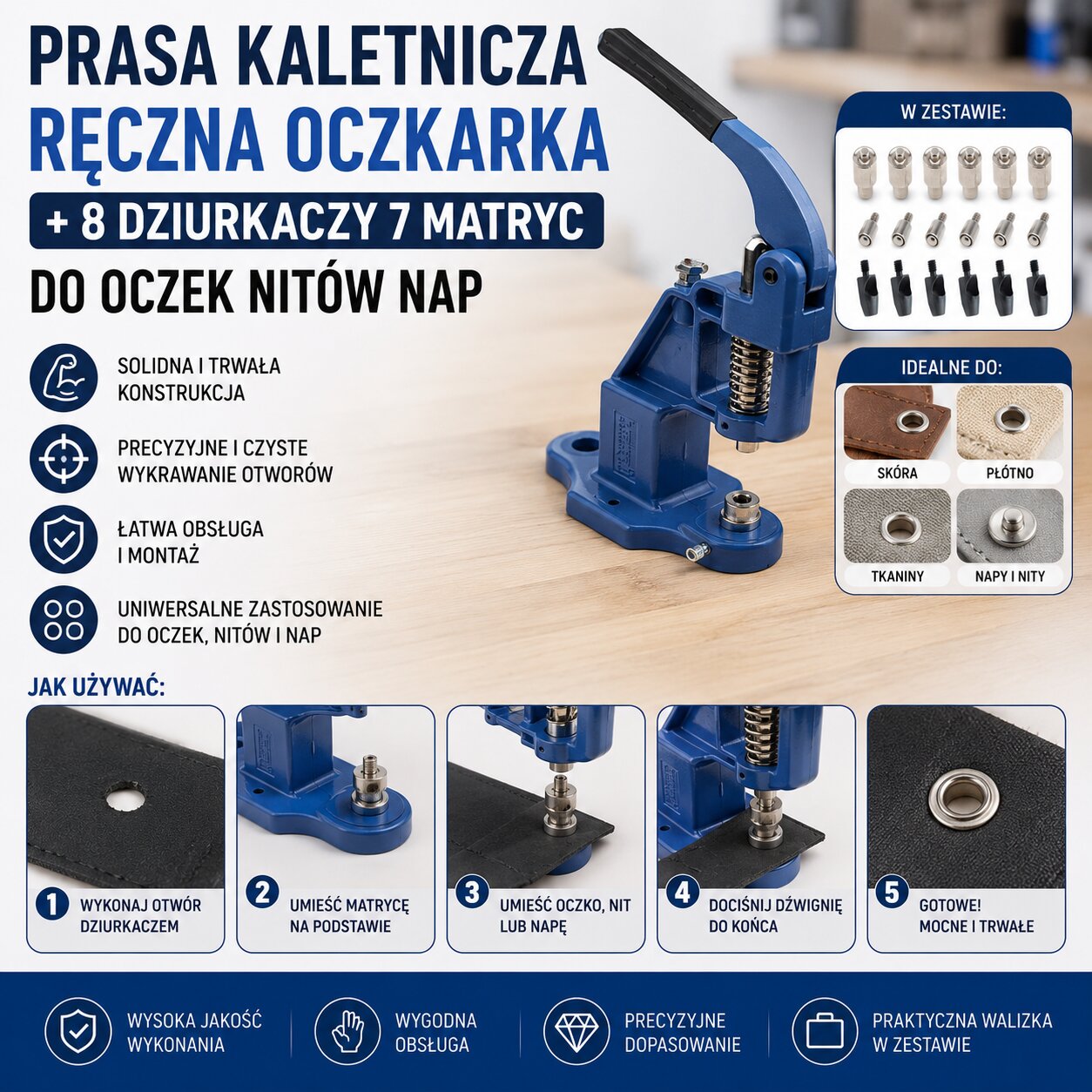 Prasa Kaletnicza Ręczna Oczkarka + 8 Dziurkaczy 7 Matryc Do Oczek Nitów Nap