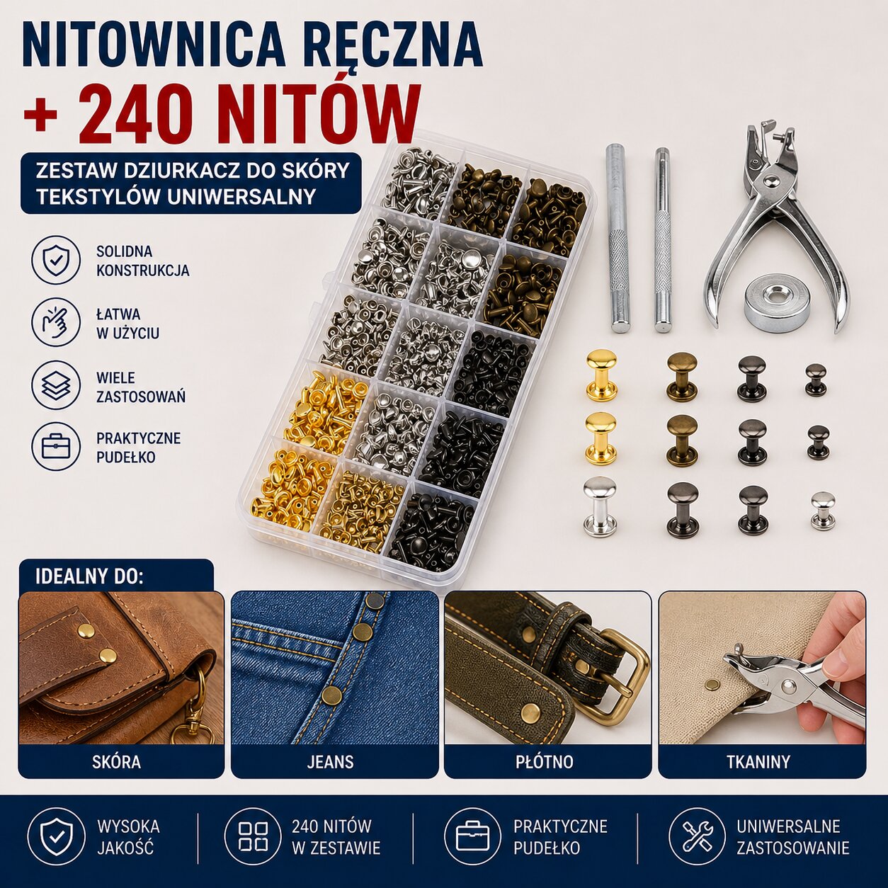 Nitownica Ręczna + 240 Nitów Zestaw Dziurkacz Do Skóry Tekstyliów Uniwersalny