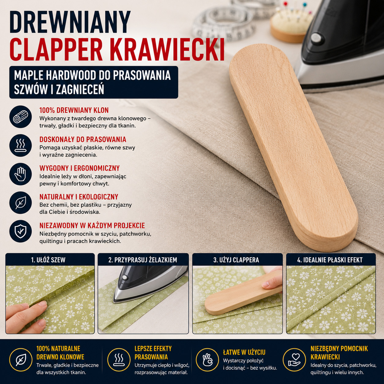 Drewniany Clapper Krawiecki Maple Hardwood Do Prasowania Szwów i Zagnieceń