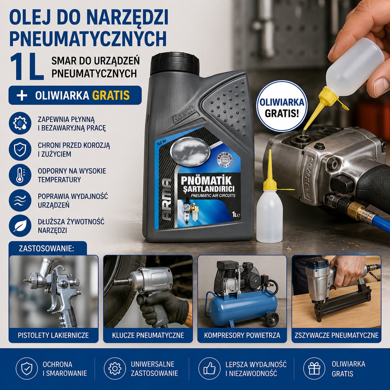 Olej Do Narzędzi Pneumatycznych 1L Smar Do Urządzeń Pneumatycznych + Oliwiarka GRATIS