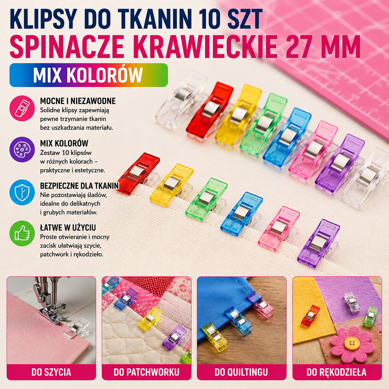 Klipsy Do Tkanin 10 szt Spinacze Krawieckie 27 mm Mix Kolorów