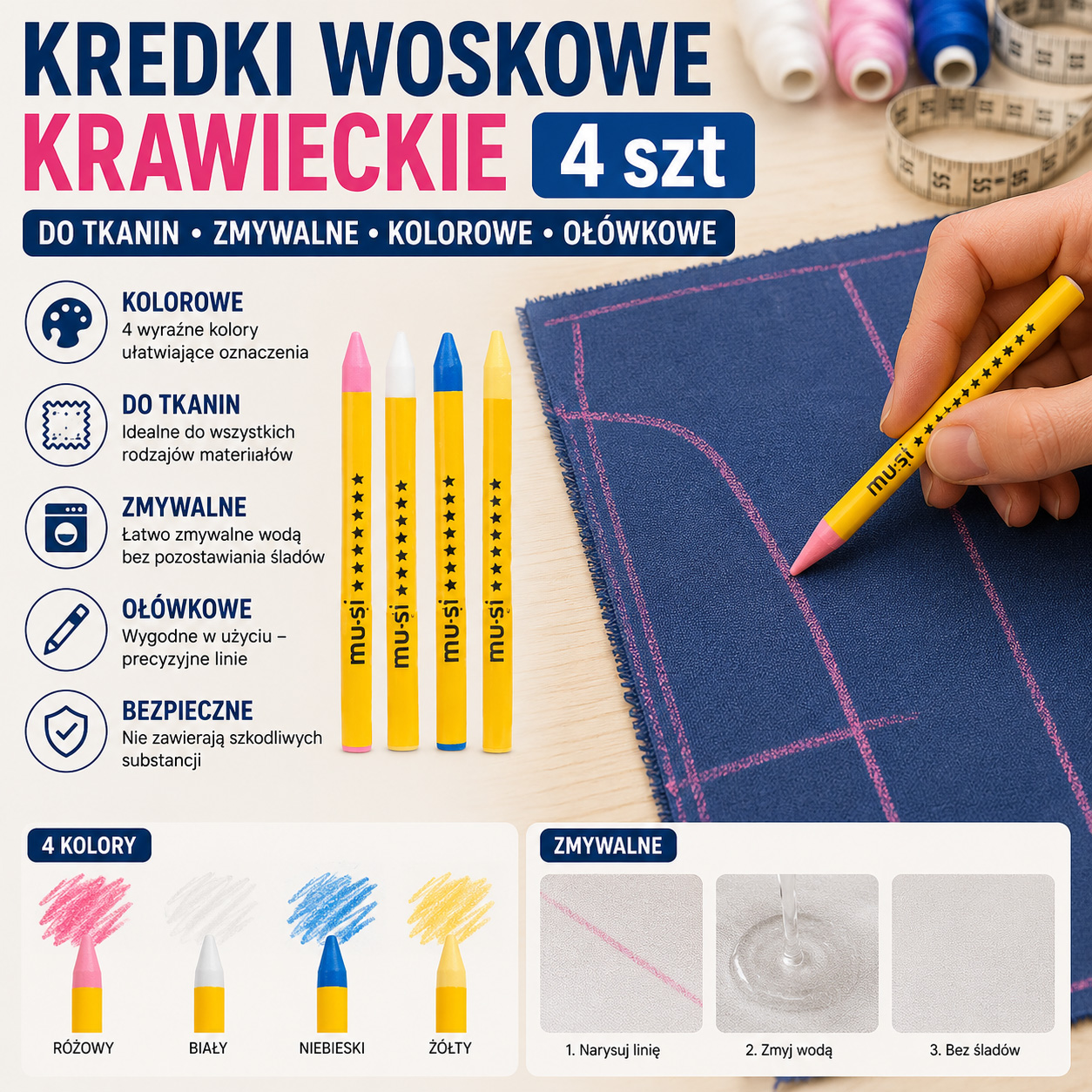 Kredki Woskowe Krawieckie 4 szt Do Tkanin Zmywalne Kolorowe Ołówkowe