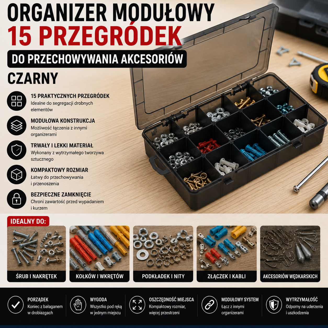 Organizer Modułowy 15 Przegródek Do Przechowywania Akcesoriów Czarny