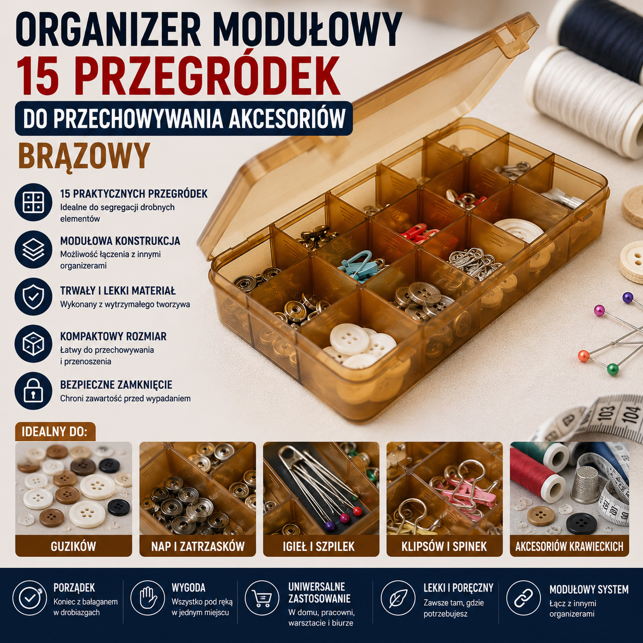 Organizer Modułowy 15 Przegródek Do Przechowywania Akcesoriów Brązowy