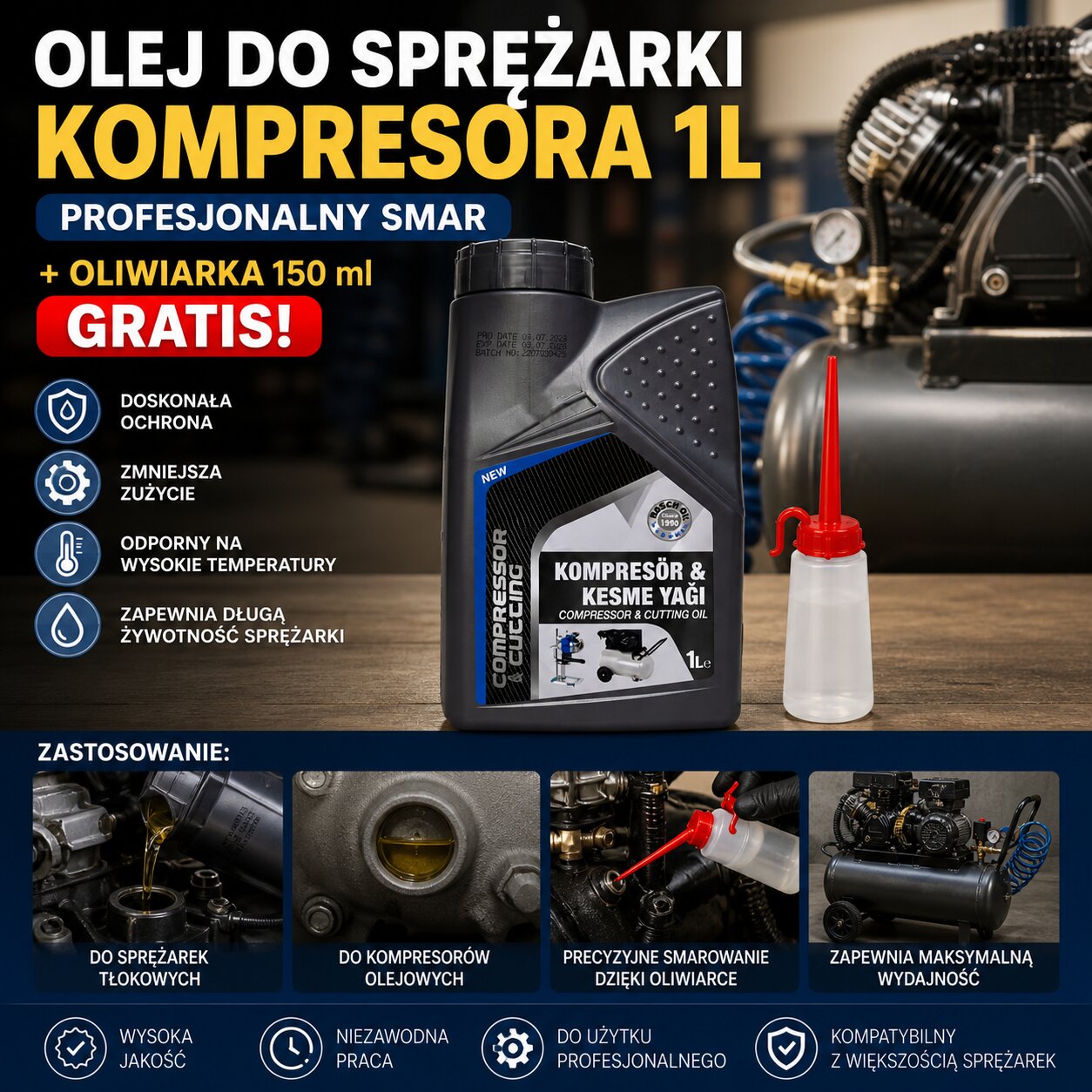 Olej Do Sprężarki Kompresora 1L Profesjonalny Smar + Oliwiarka 150 ml GRATIS