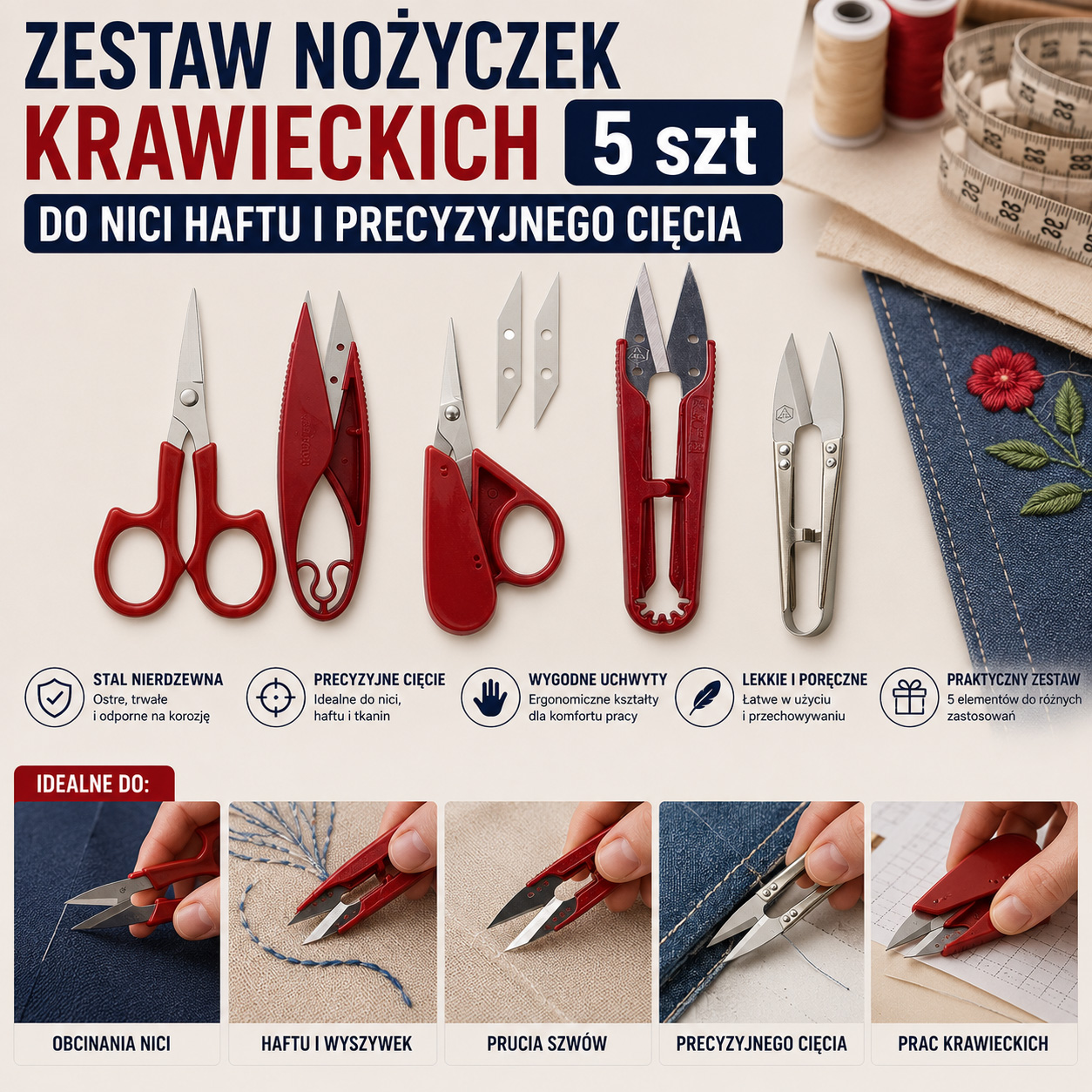 Zestaw Nożyczek Krawieckich 5 szt Do Nici Haftu i Precyzyjnego Cięcia