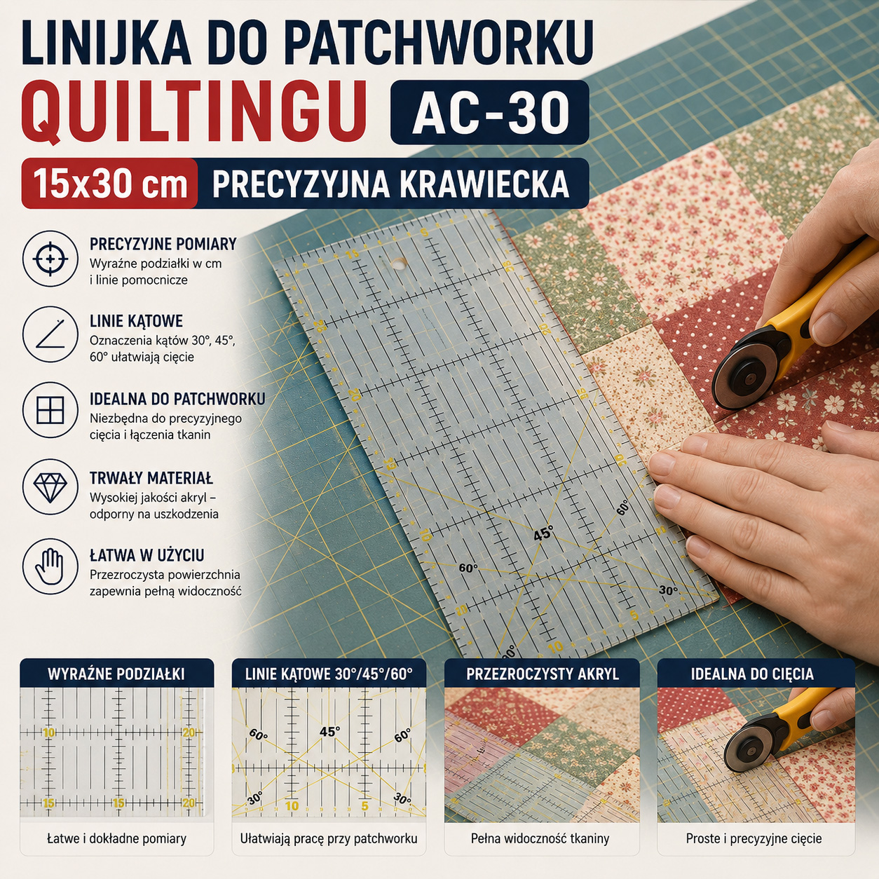 Linijka Do Patchworku Quiltingu AC-30 15x30 cm Precyzyjna Krawiecka
