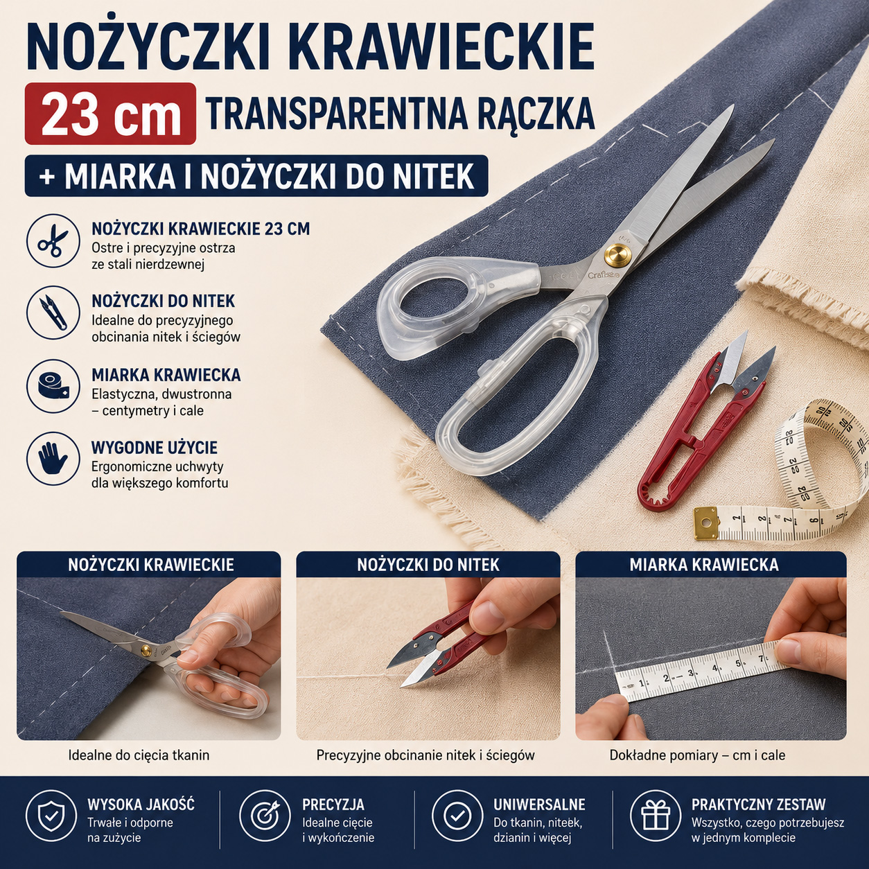 Nożyczki Krawieckie 23 cm Transparentna Rączka + Miarka i Nożyczki Do Nitek
