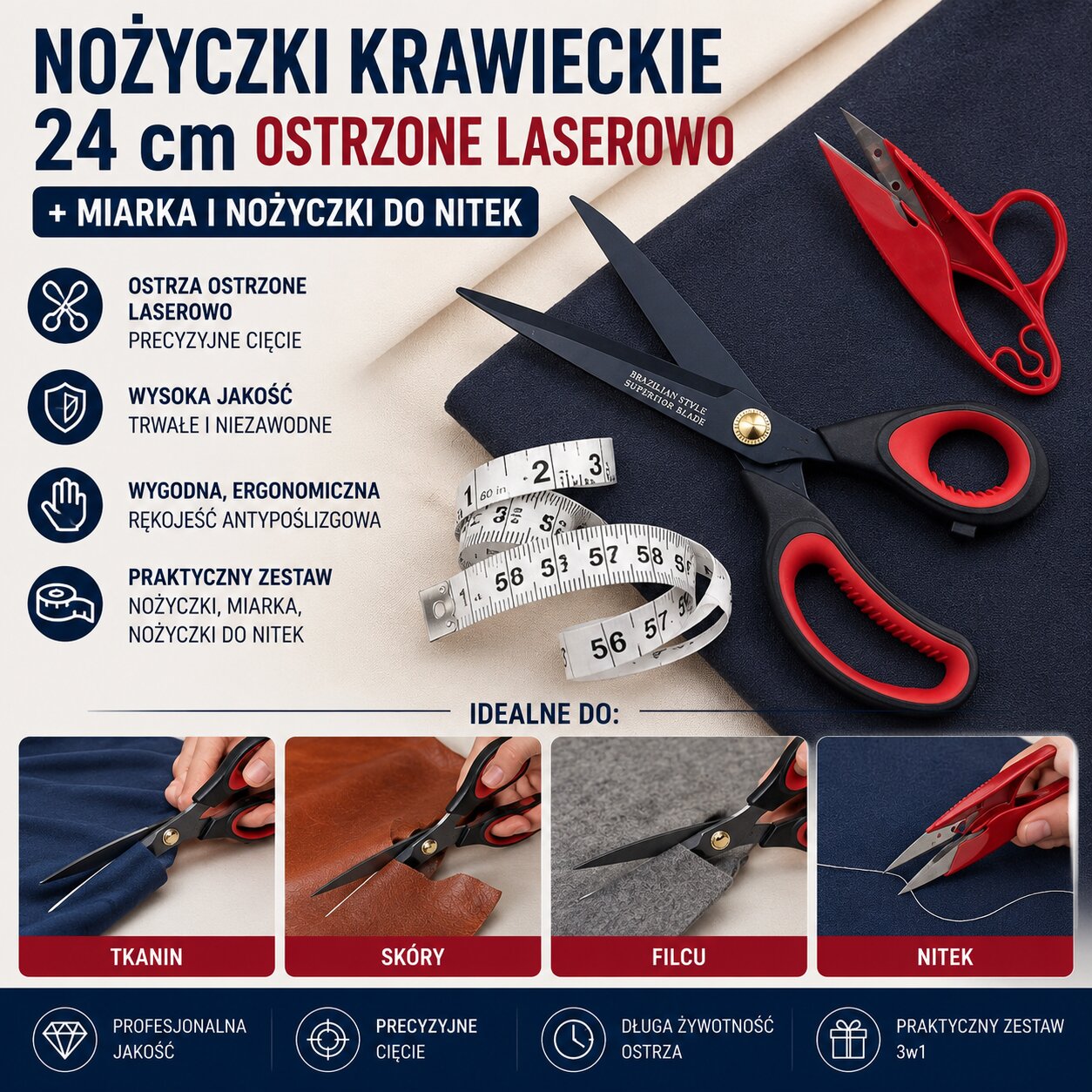 Nożyczki Krawieckie 24 cm Ostrzone Laserowo + Miarka i Nożyczki Do Nitek