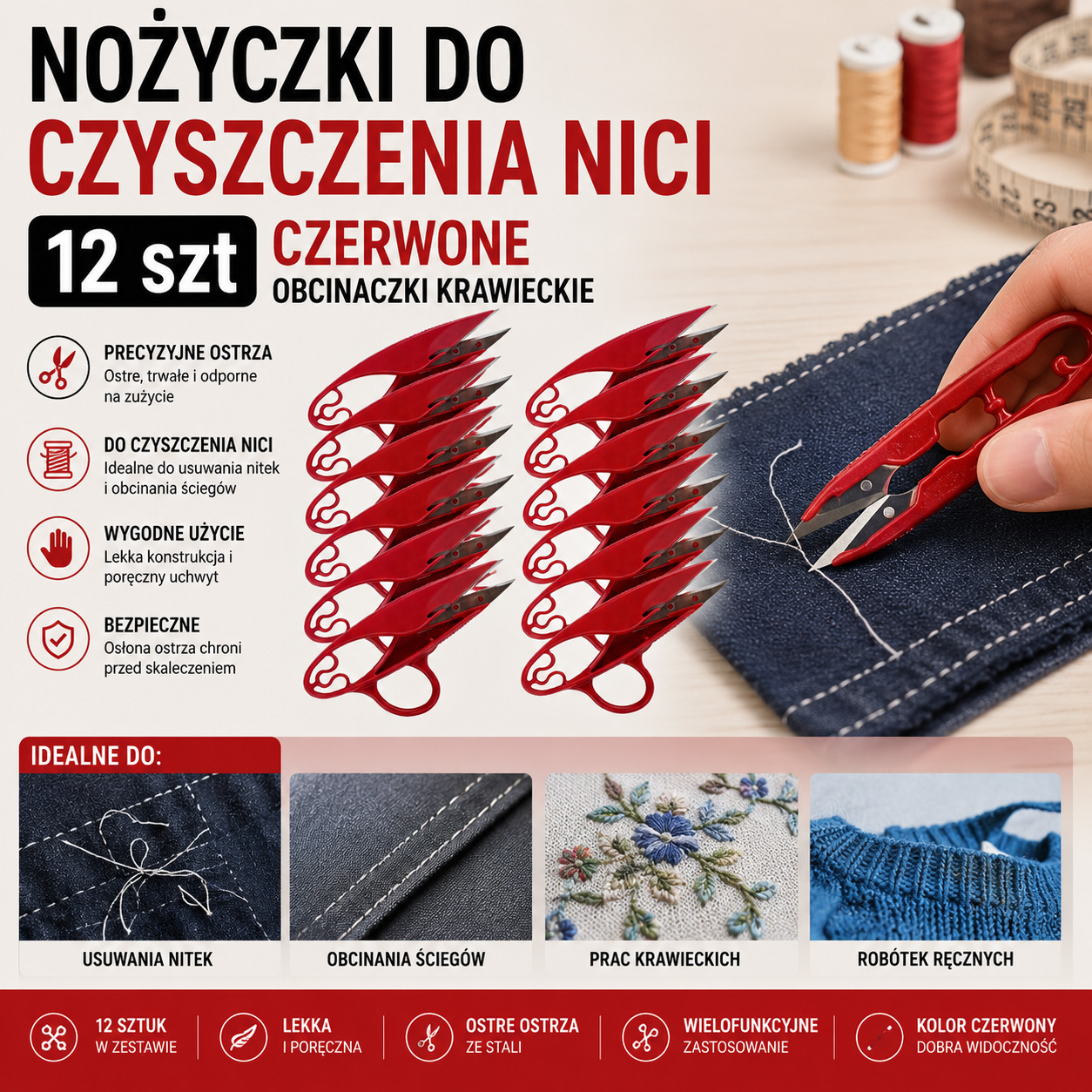 Nożyczki Do Czyszczenia Nici 12 szt Czerwone Obcinaczki Krawieckie