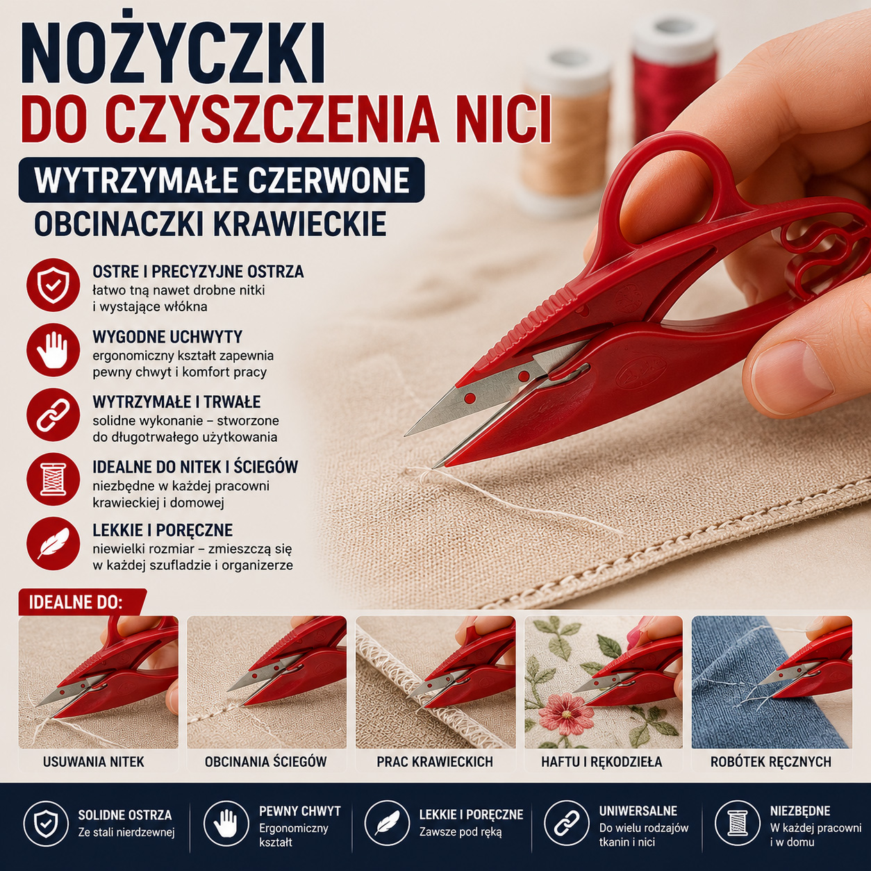 Nożyczki Do Czyszczenia Nici Wytrzymałe Czerwone Obcinaczki Krawieckie