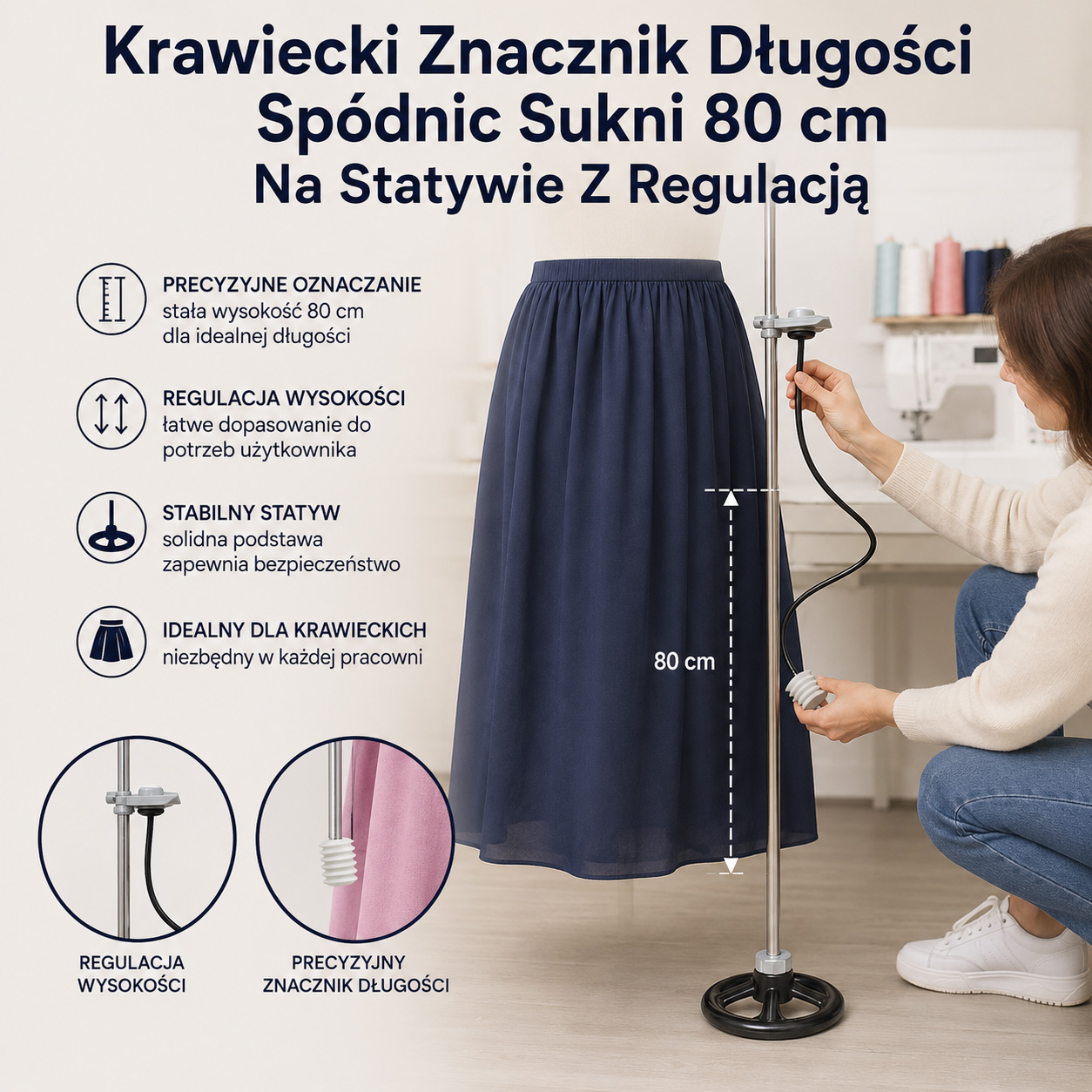 KRAWIECKI ZNACZNIK DŁUGOŚCI SPÓDNIC I SUKIENEK 80cm NA STATYWIE Z KORPUSEM