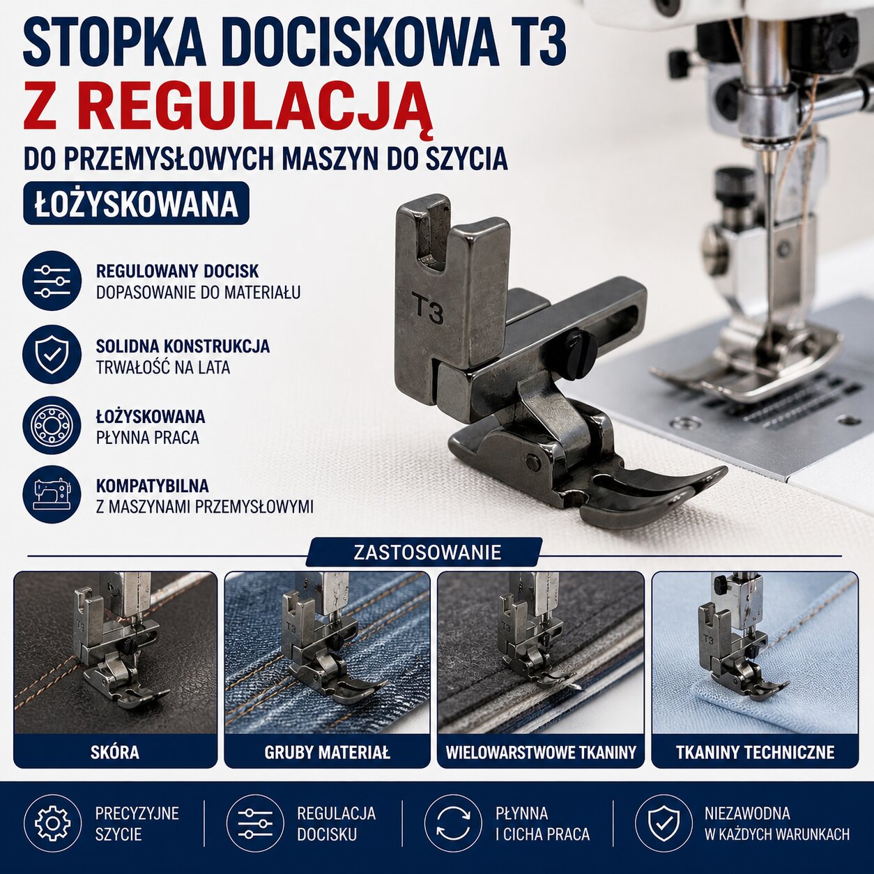 Stopka Dociskowa T3 z Regulacją Do Przemysłowych Maszyn Do Szycia Łożyskowana