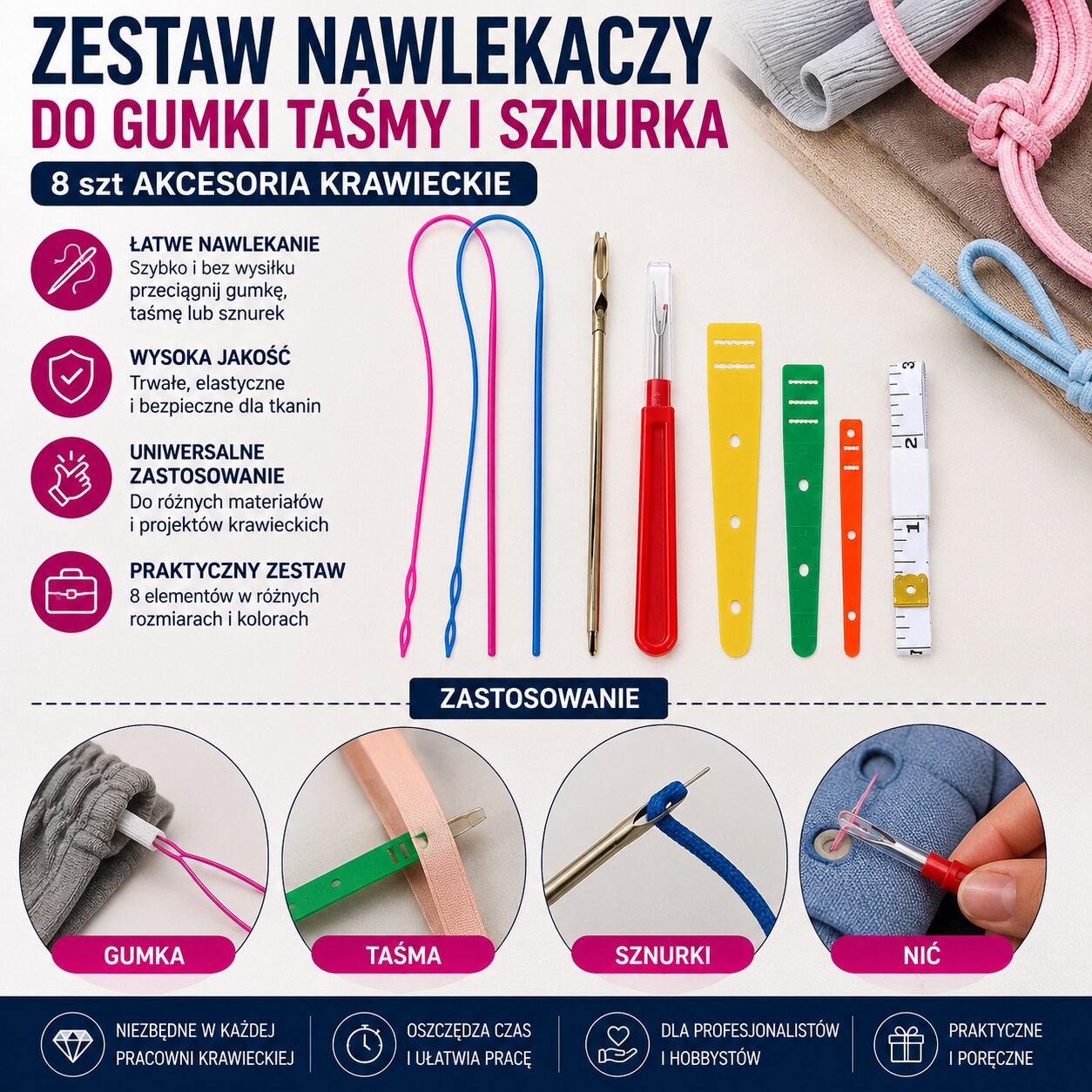 Zestaw Nawlekaczy Do Gumki Taśmy i Sznurka 8 szt Akcesoria Krawieckie