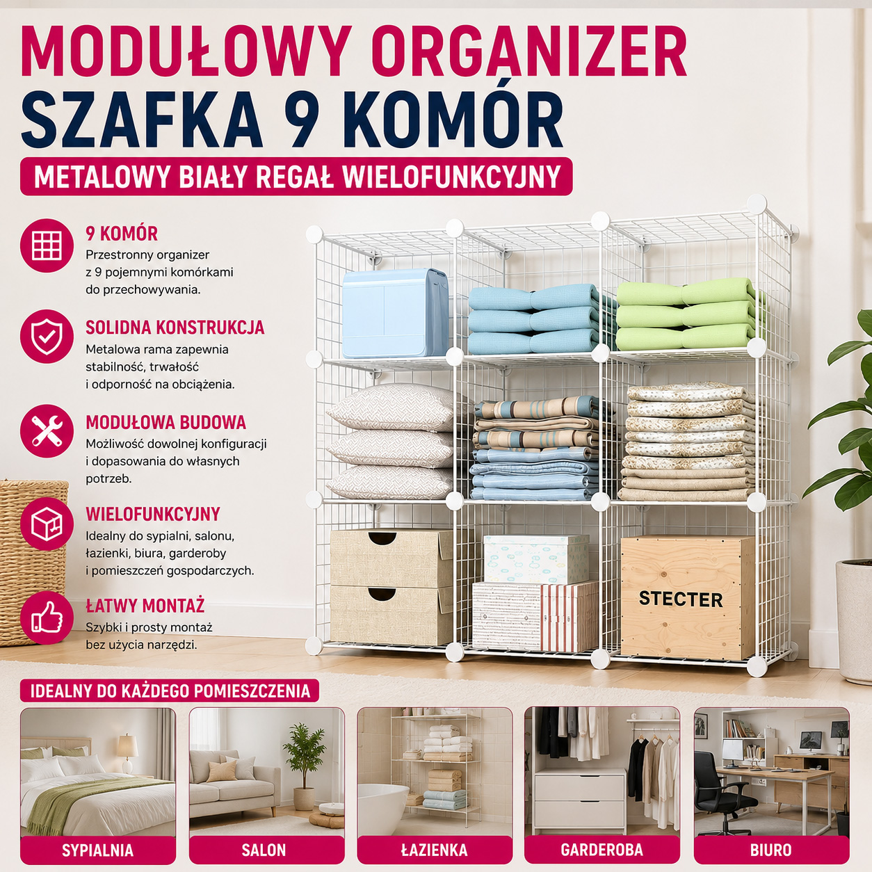 Modułowy Organizer Szafka 9 Komór Metalowy Biały Regał Wielofunkcyjny
