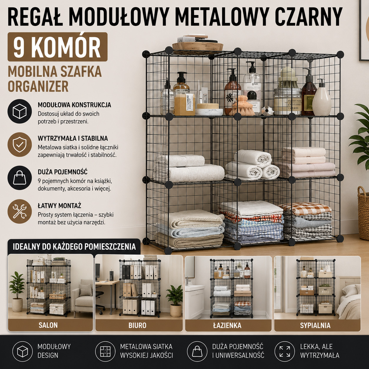 Regał Modułowy Metalowy Czarny 9 Komór Mobilna Szafka Organizer