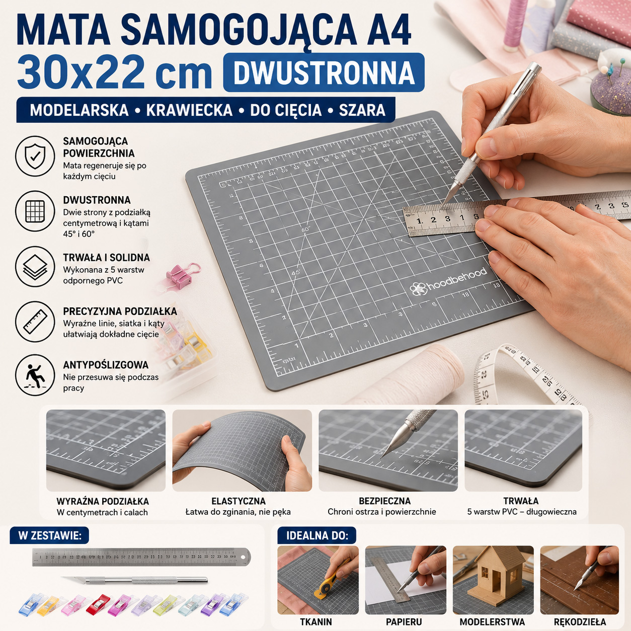 Mata Samogojąca A4 30x22 cm Dwustronna Modelarska Krawiecka Do Cięcia Szara