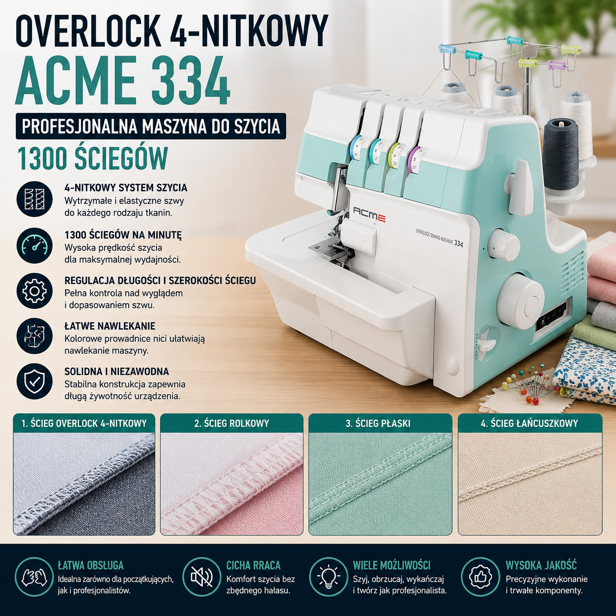 Overlock 4-Nitkowy Acme 334 Profesjonalna Maszyna Do Szycia 1300 Ściegów