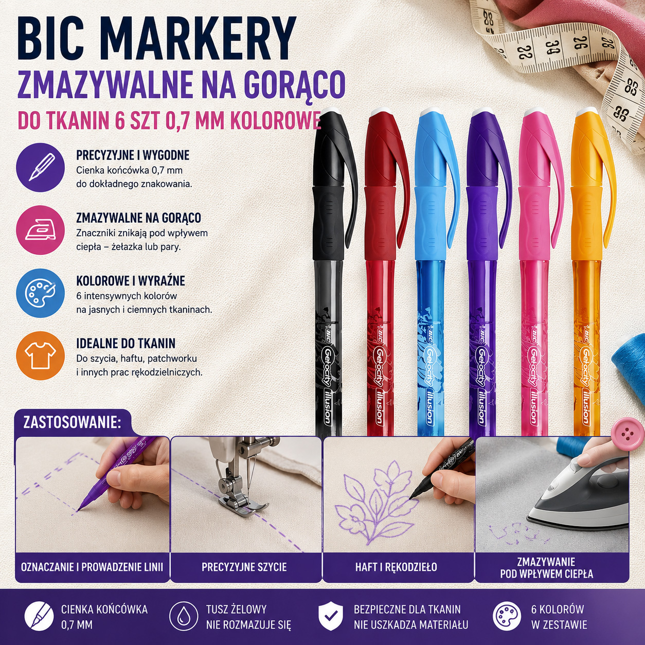 BIC Markery Zmazywalne Na Gorąco Do Tkanin 6 szt 0,7 mm Kolorowe