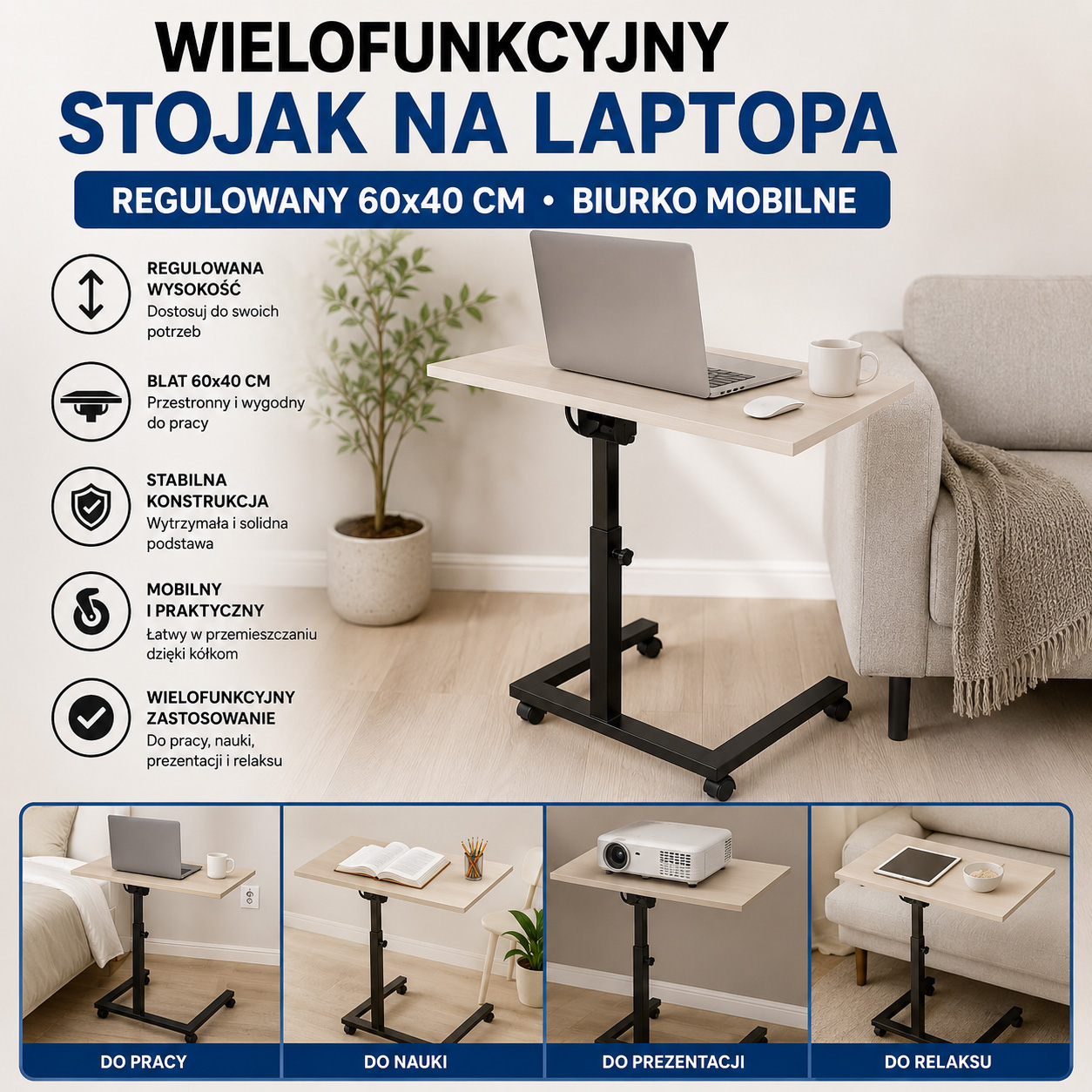 Wielofunkcyjny Stojak Na Laptopa Regulowany 60x40 cm Biurko Mobilne