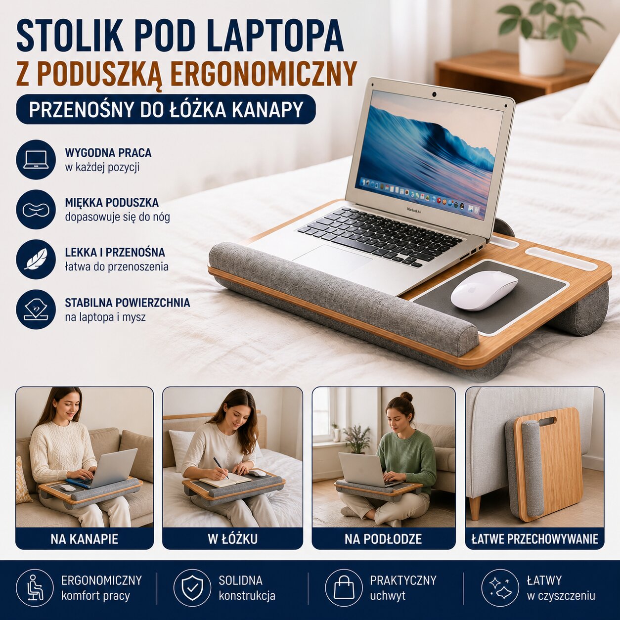 Stolik Pod Laptopa z Poduszką Ergonomiczny Przenośny Do Łóżka Kanapy