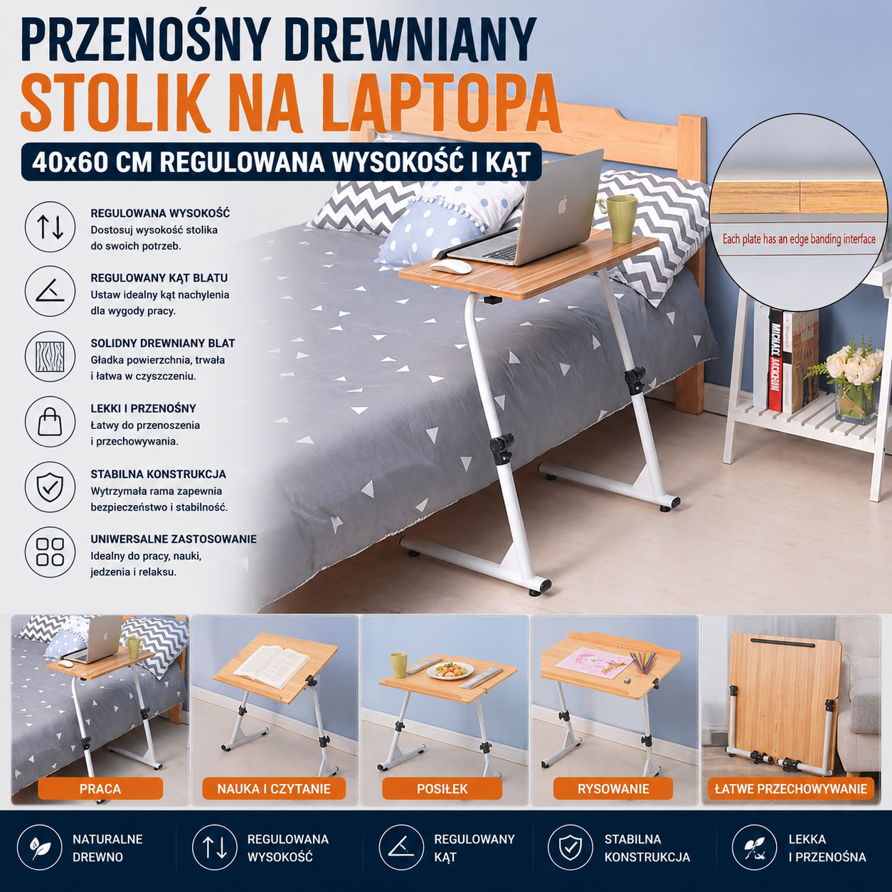 Przenośny Drewniany Stolik Na Laptopa 40x60 cm Regulowana Wysokość i Kąt
