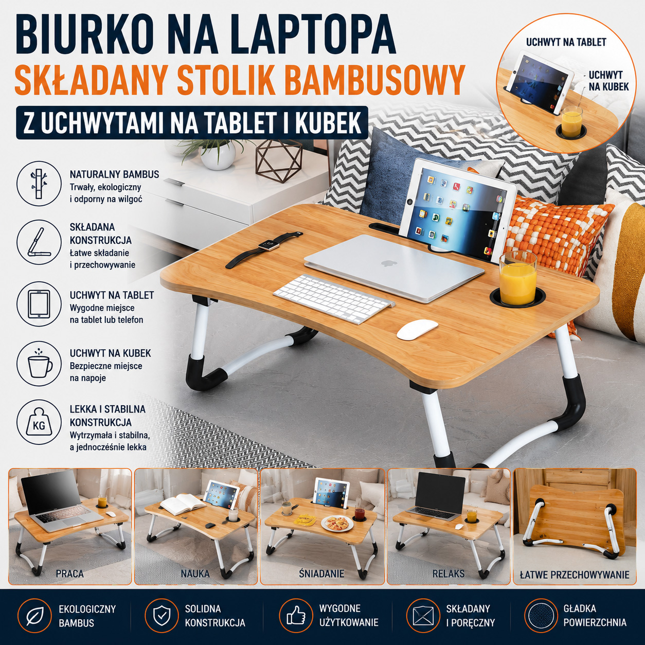 Biurko Na Laptopa Składany Stolik Bambusowy Z Uchwytami Na Tablet i Kubek