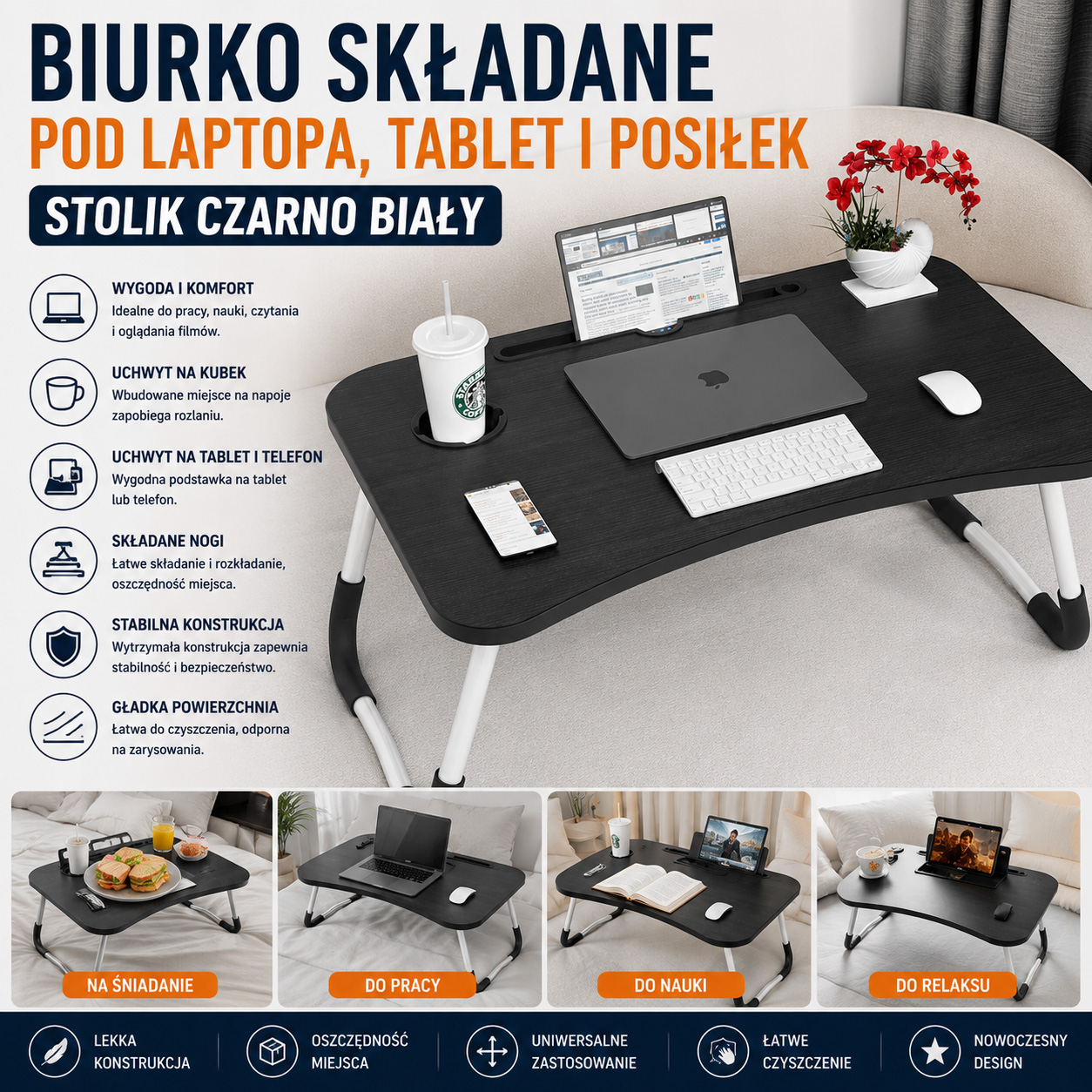Biurko Składane Pod Laptopa Tablet i Posiłek Stolik Czarno Biały