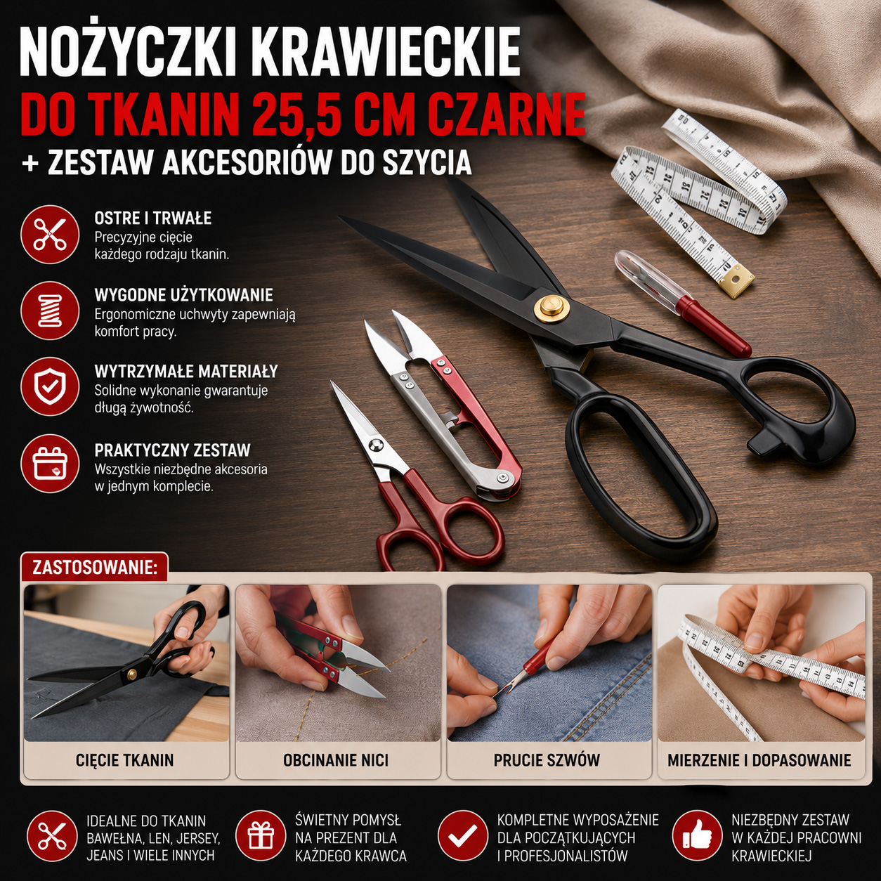 Nożyczki Krawieckie Do Tkanin 25,5 cm Czarne + Zestaw Akcesoriów Do Szycia