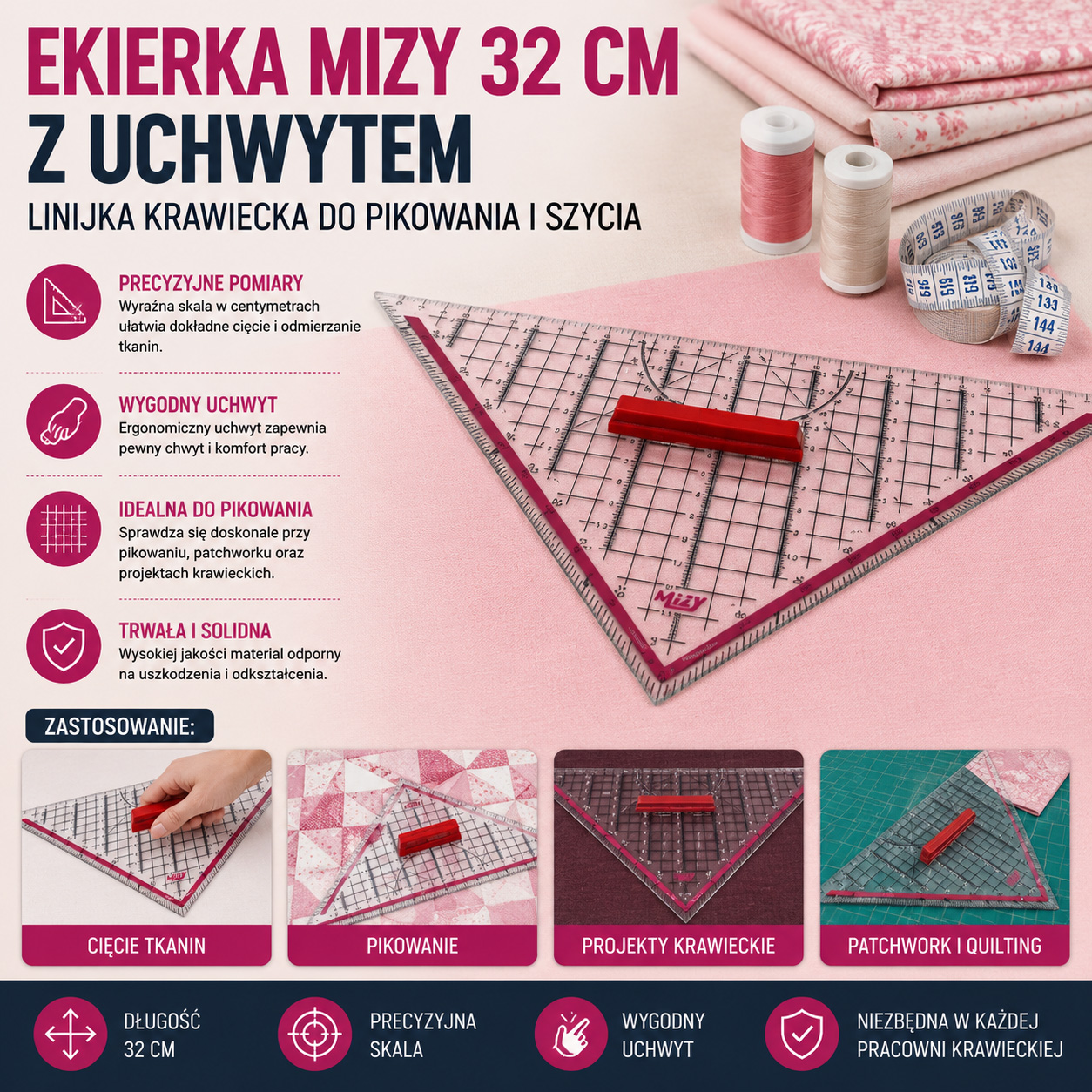 Ekierka Mizy 32 cm Z Uchwytem Linijka Krawiecka Do Pikowania i Szycia