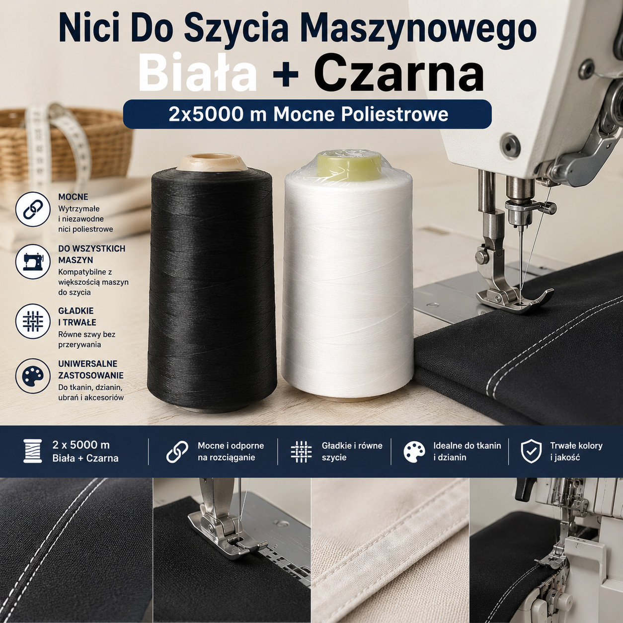 Nici Do Szycia Maszynowego Biała + Czarna 2x5000 m Mocne Poliestrowe