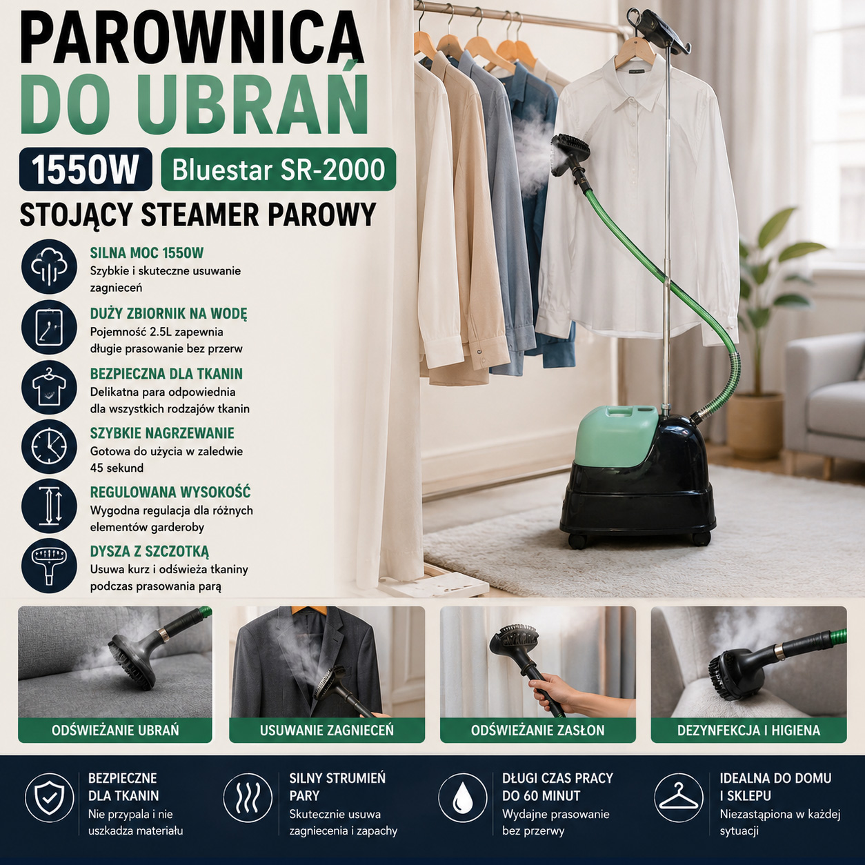 Parownica Do Ubrań 1550W Bluestar SR-2000 Stojący Steamer Parowy