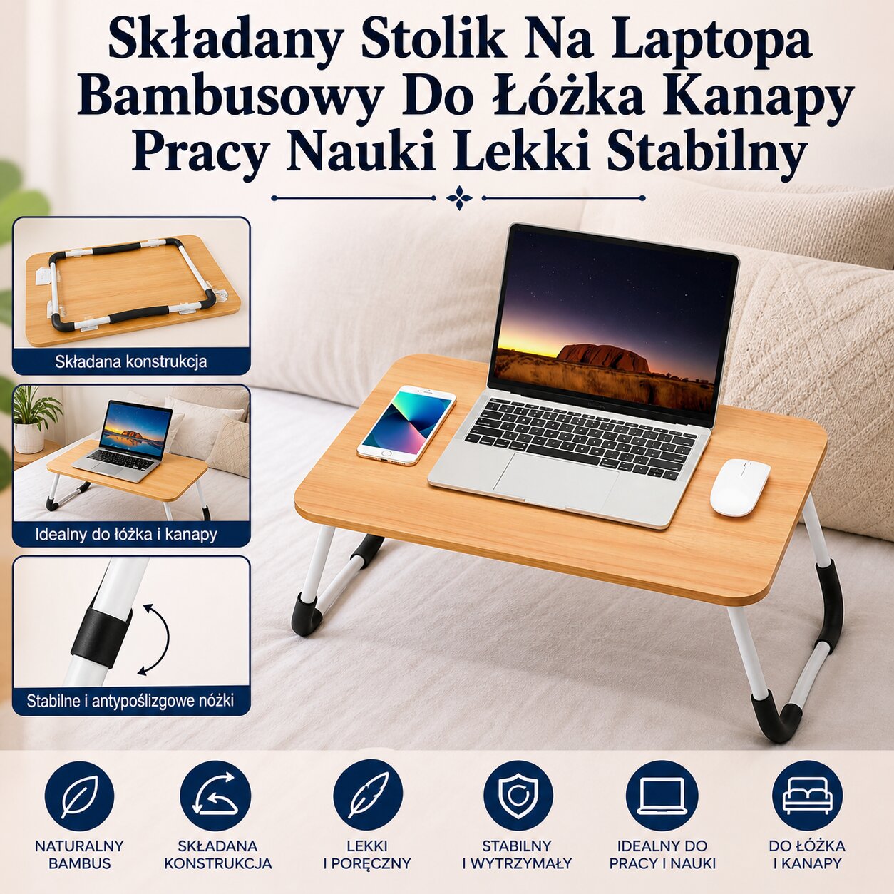 Składany Stolik Na Laptopa Bambusowy Do Łóżka Kanapy Pracy Nauki Lekki Stabilny