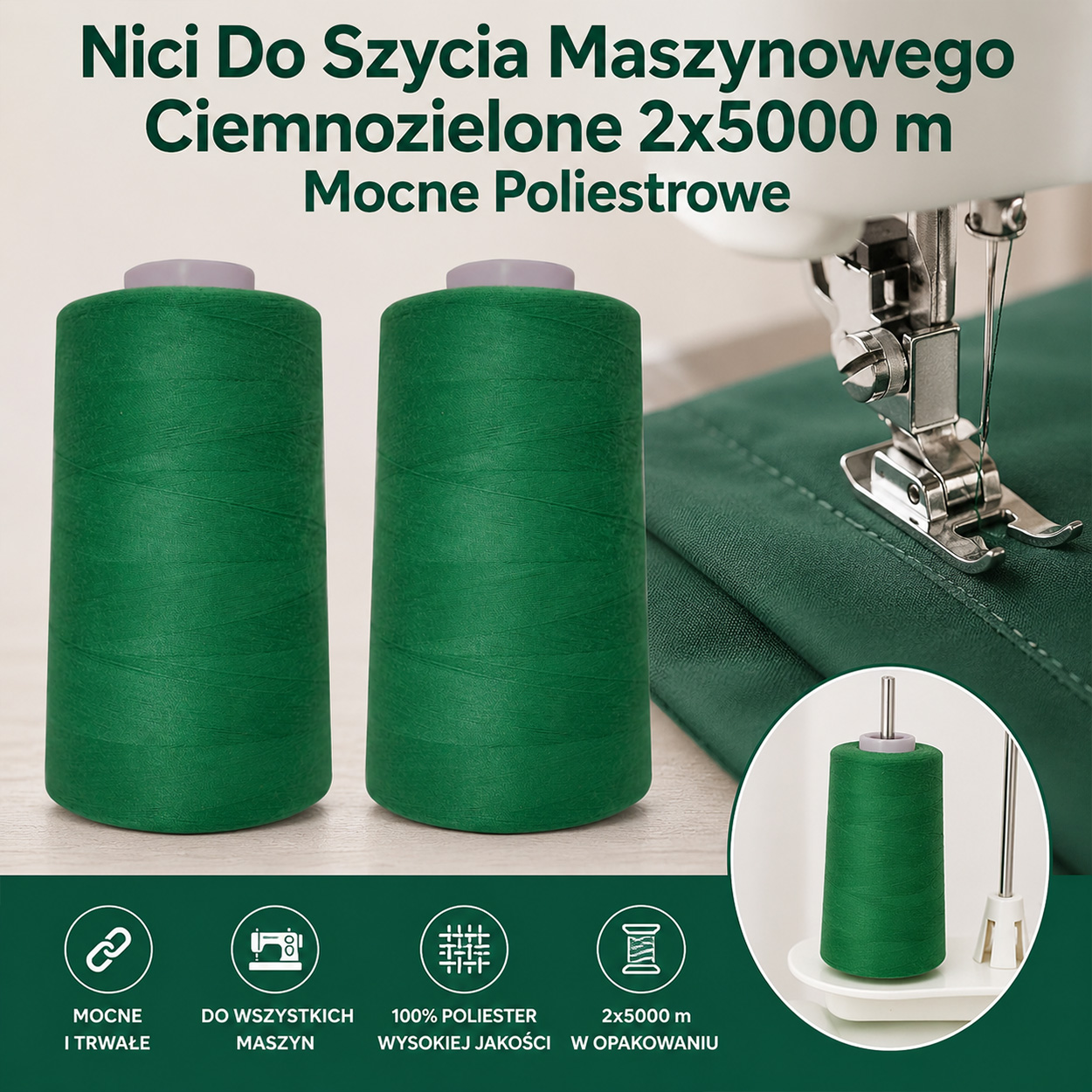 Nici Do Szycia Maszynowego Ciemnozielone 2x5000 m Mocne Poliestrowe