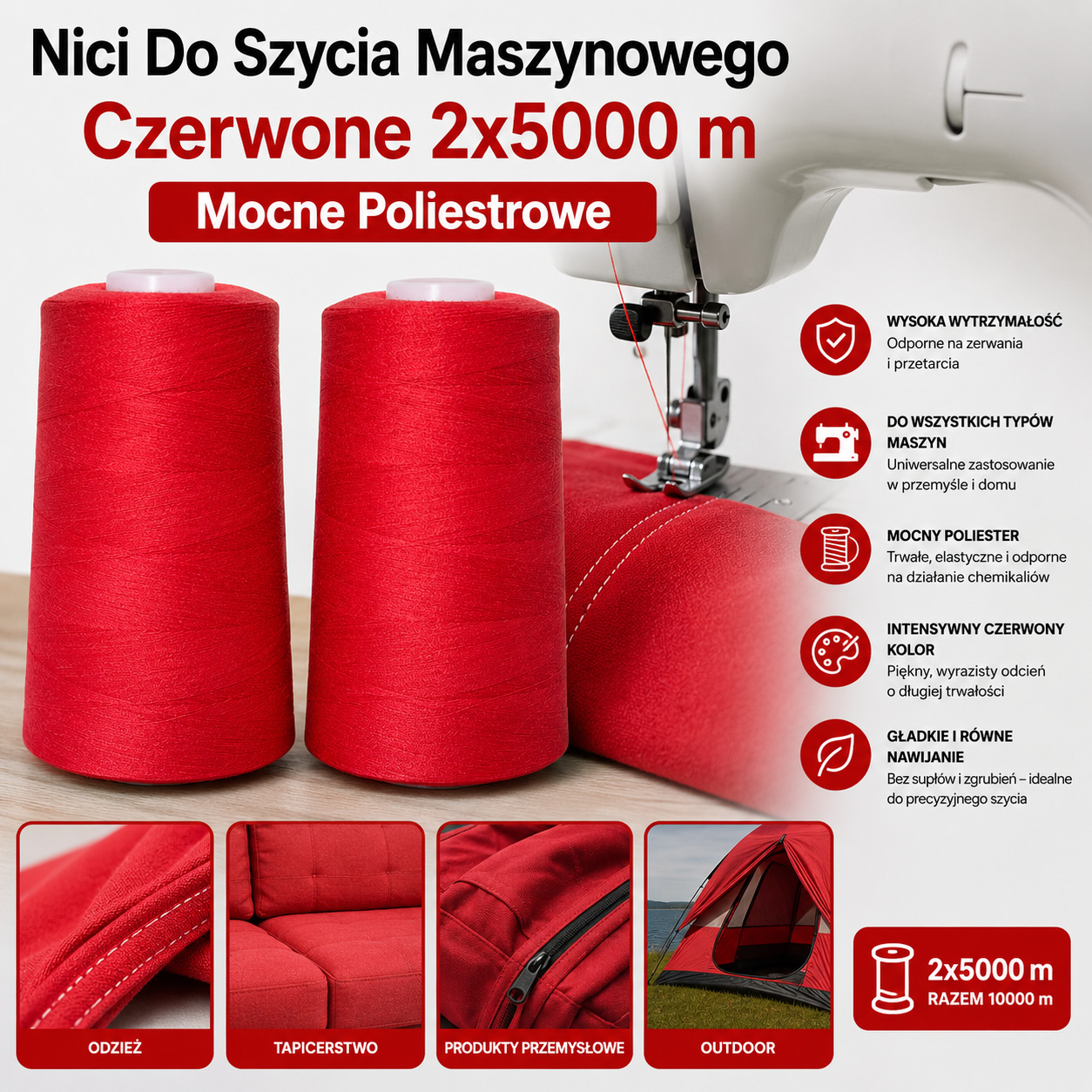 Nici Do Szycia Maszynowego Czerwone 2x5000 m Mocne Poliestrowe