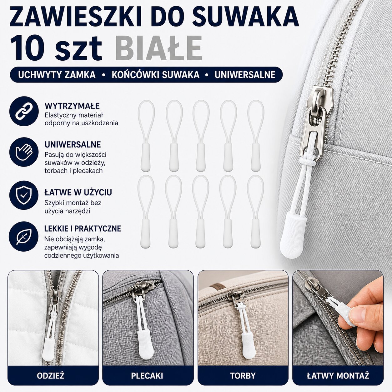 Zawieszki Do Suwaka 10 szt Białe Uchwyty Zamka Końcówki Suwaka Uniwersalne