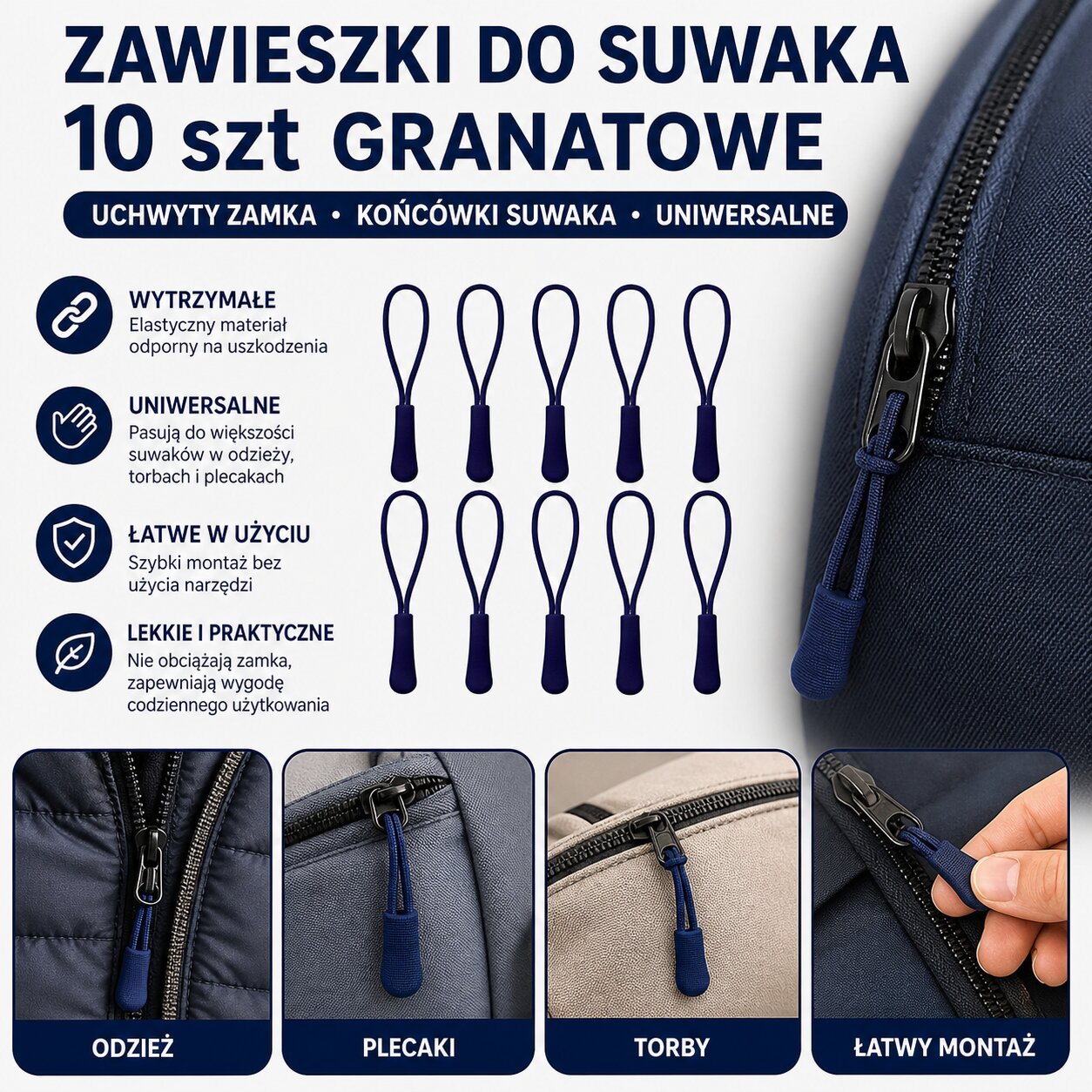 Zawieszki Do Suwaka 10 szt Granatowe Uchwyty Zamka Końcówki Suwaka Uniwersalne