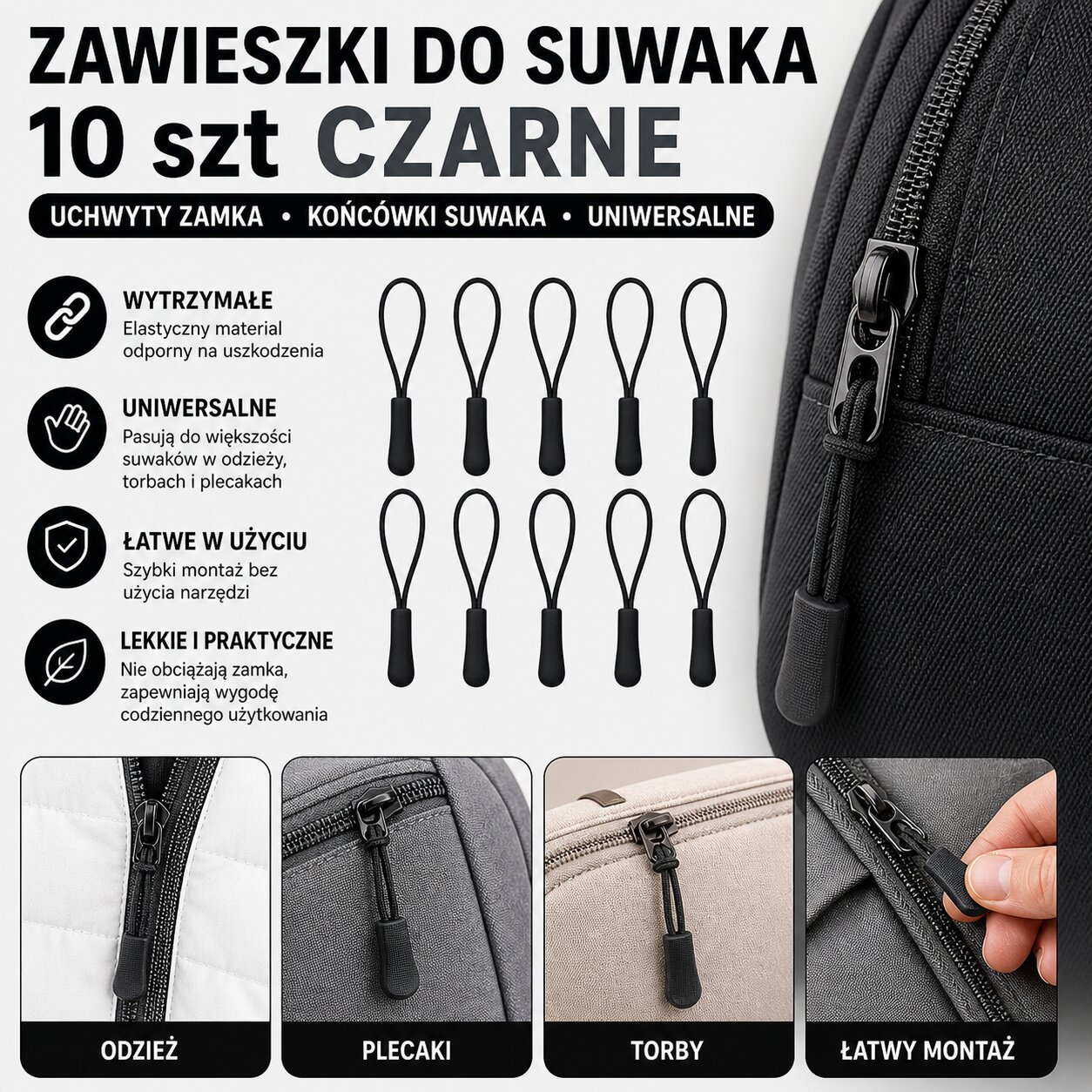 Zawieszki Do Suwaka 10 szt Czarne Uchwyty Zamka Końcówki Suwaka Uniwersalne