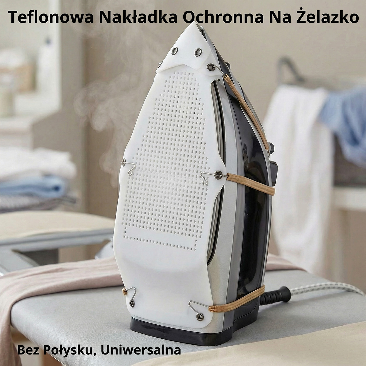 an irong with ironing cover on it. it is on a table.