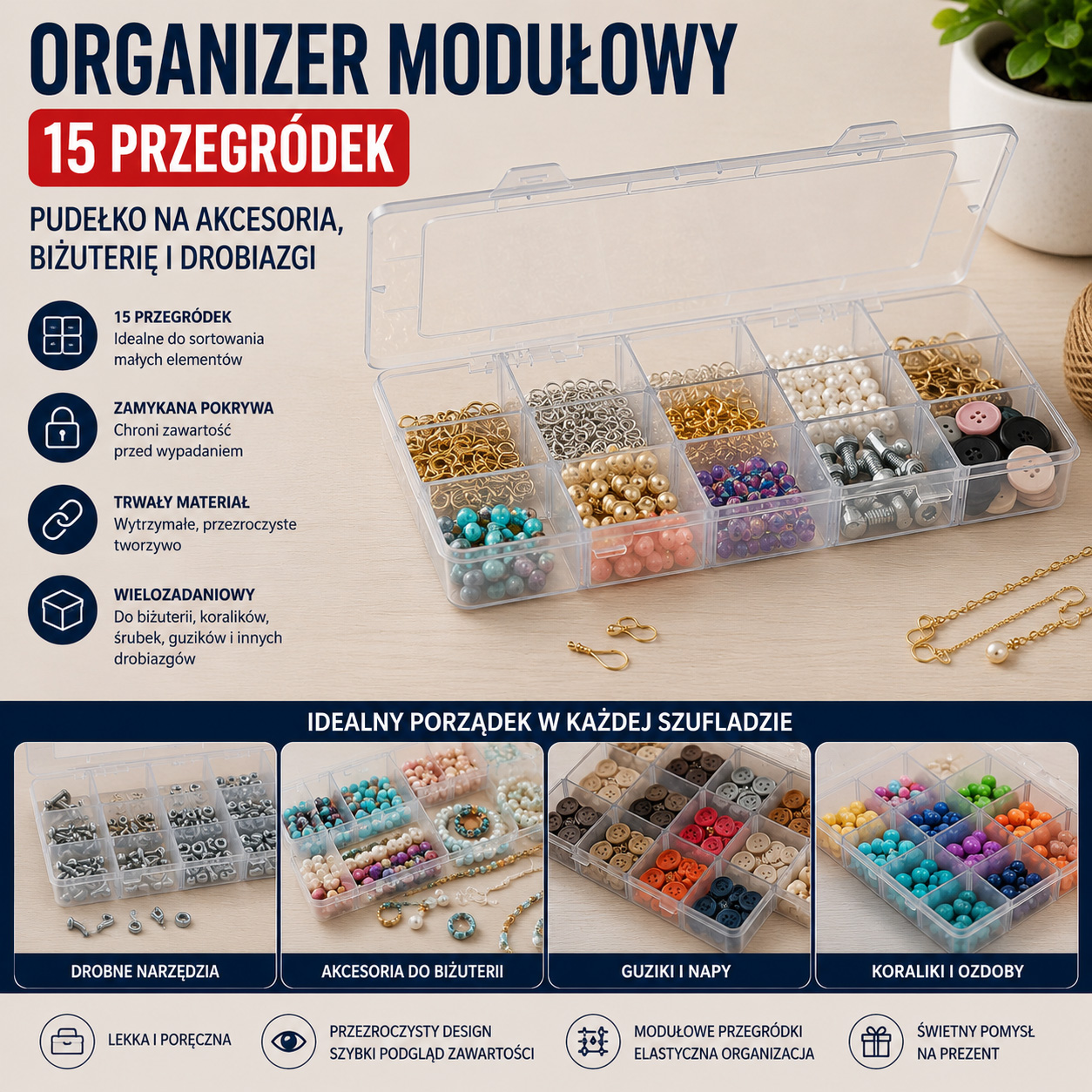 Organizer Modułowy 15 Przegródek Pudełko Na Akcesoria Biżuterię i Drobiazgi