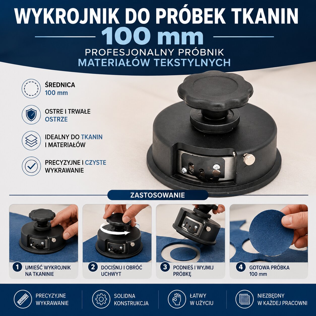 Wykrojnik Do Próbek Tkanin 100 mm Profesjonalny Próbnik Materiałów Tekstylnych