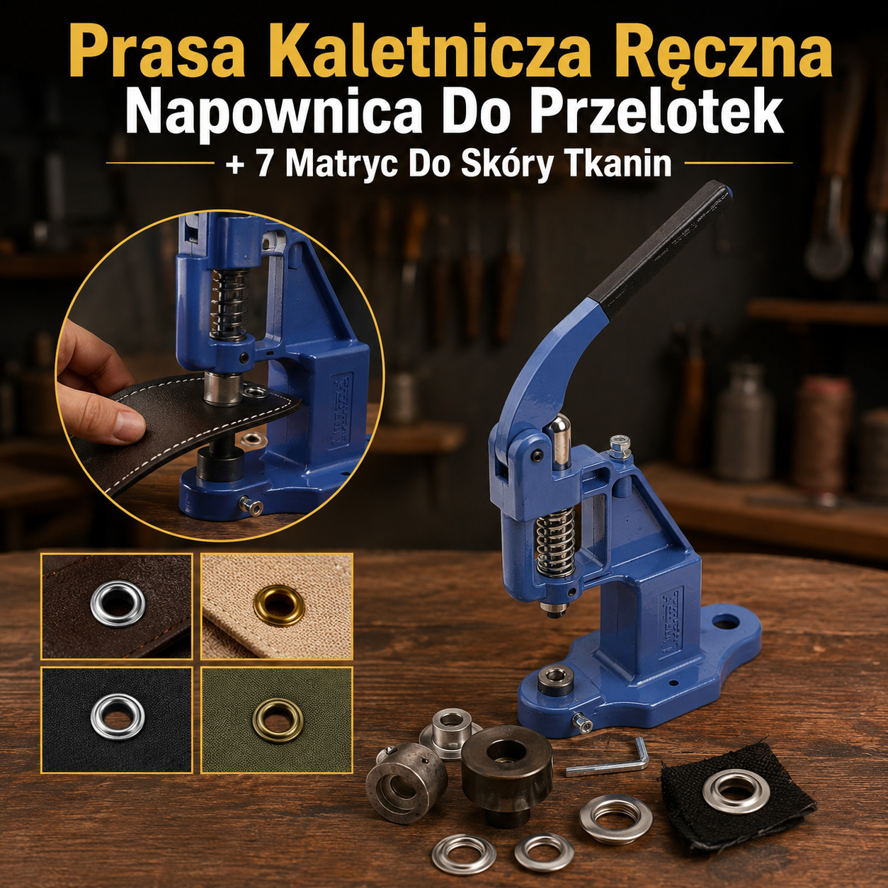 Prasa Kaletnicza Ręczna Napownica Do Przelotek + 7 Matryc Do Skóry Tkanin