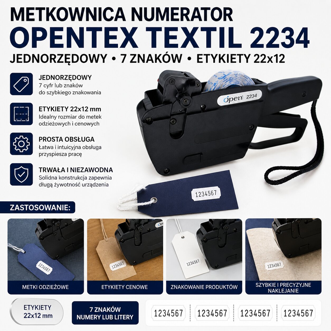 Metkownica Numerator OPENTEX TEXTIL 2234 Jednorzędowy 7 Znaków Etykiety 22x12