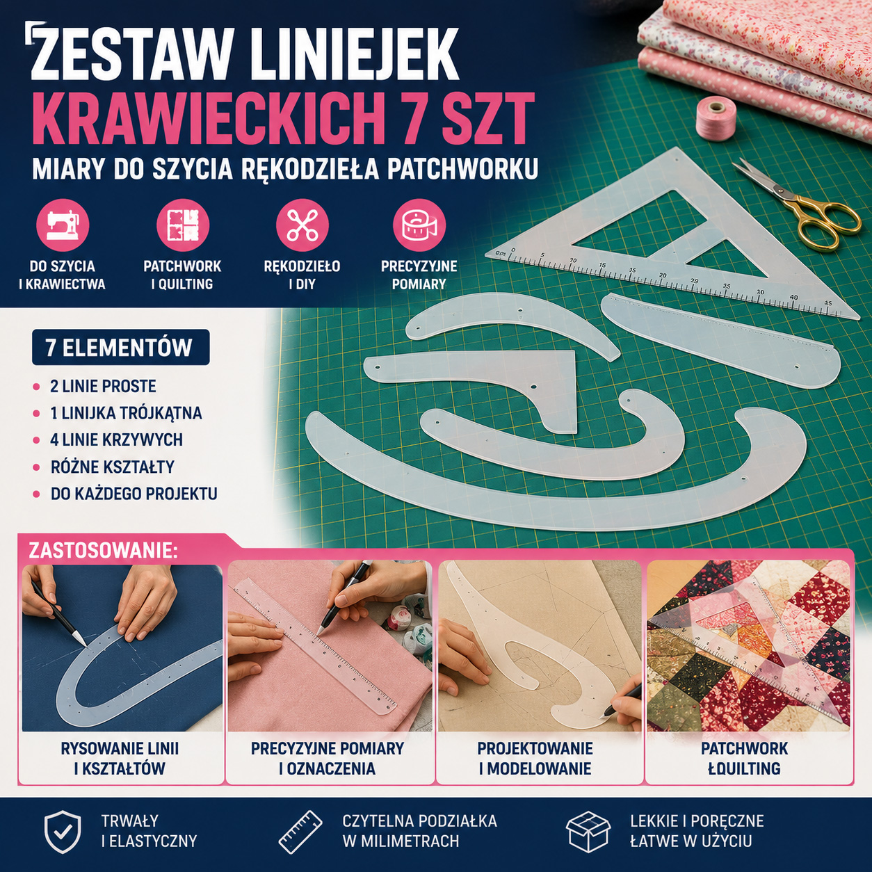 Zestaw Linijek Krawieckich 7 szt Miary Do Szycia Rękodzieła Patchworku