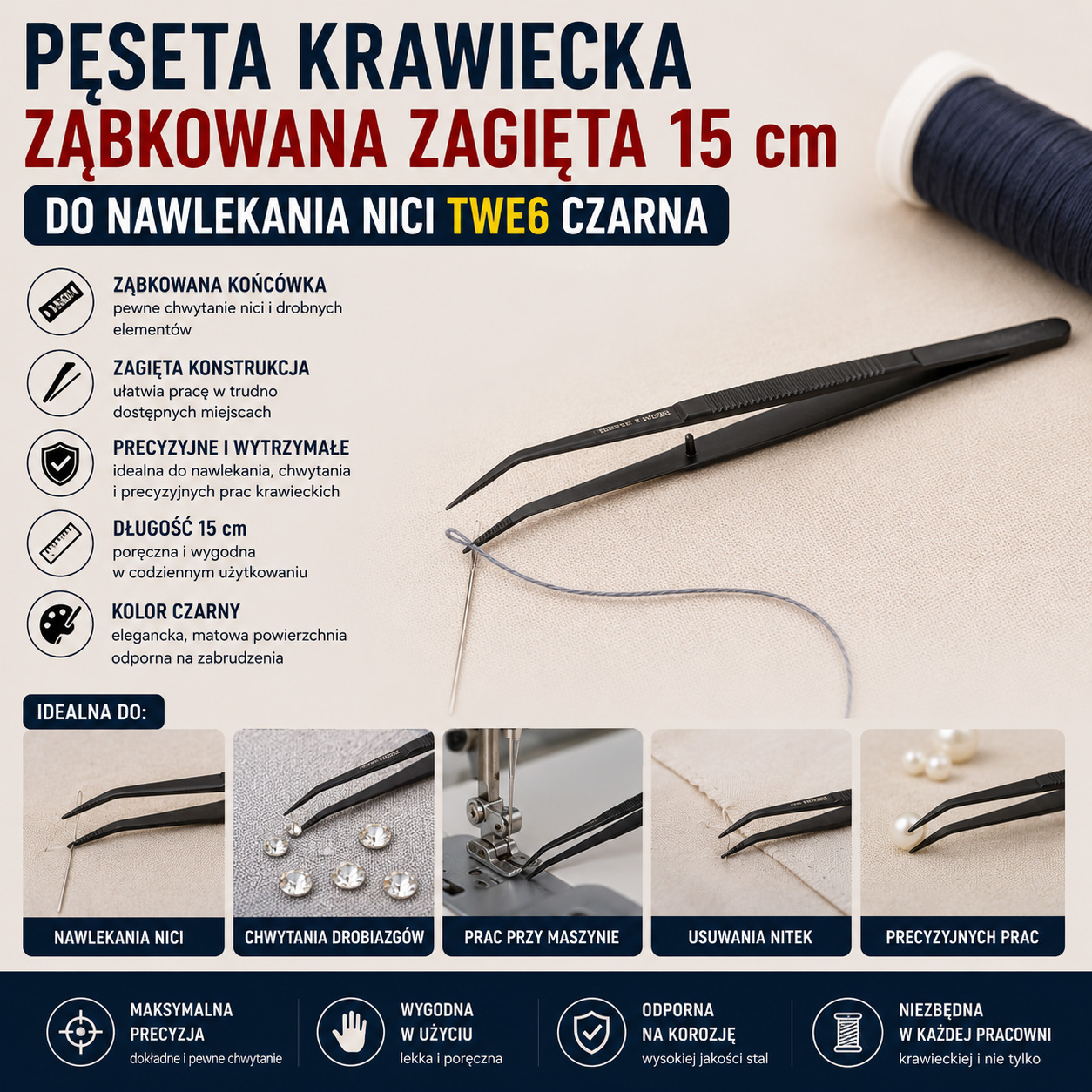 Pęseta Krawiecka Ząbkowana Zagięta 15 cm Do Nawlekania Nici TWE6 Czarna