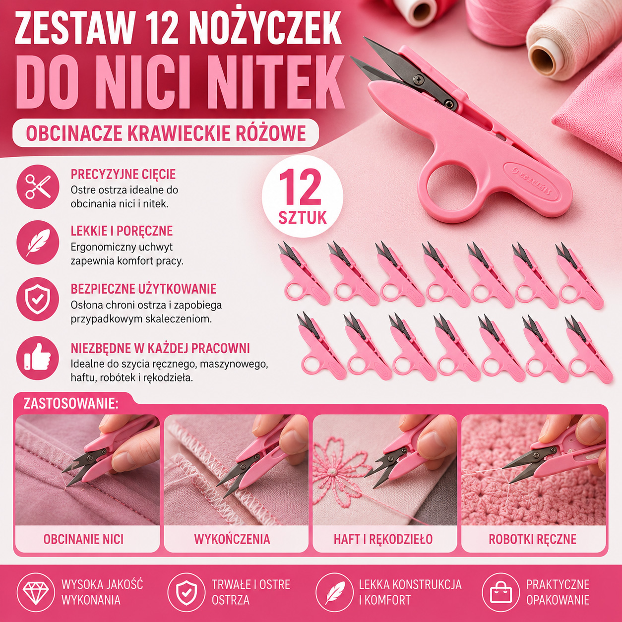 Zestaw 12 Nożyczek Do Nici Nitek Obcinacze Krawieckie Różowe
